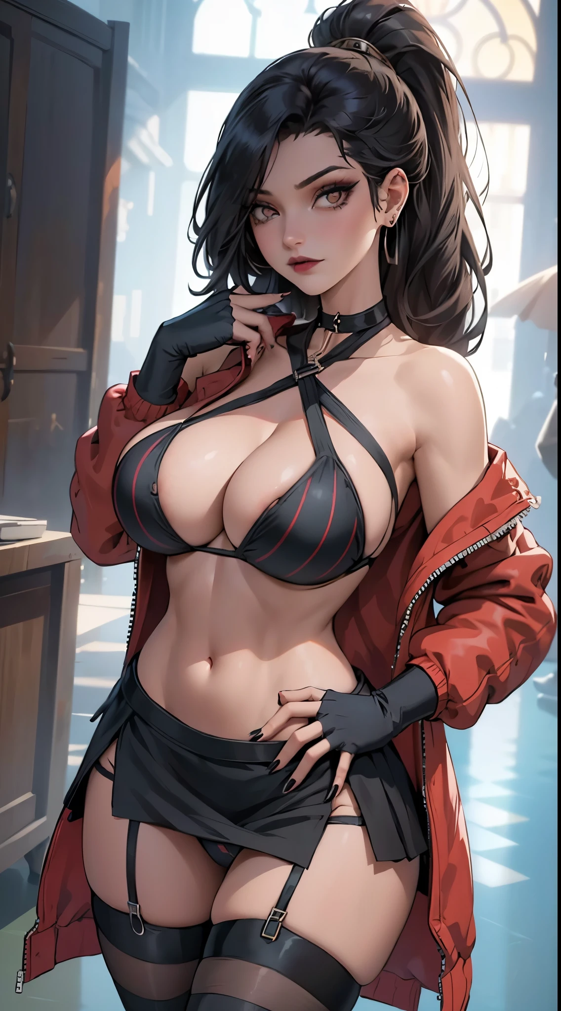 beautiful, (masterpiece:1.2), (best quality:1.2), perfect lighting, perfect eyes, perfect face, 1girl, bikini, bikini under clothes, black bikini, black choker, black gloves, black hair, black lips, black nails, black skirt, breasts, choker, cleavage, cropped jacket, cross, earrings, eyeliner, eyeshadow, fingerless gloves, gloves, hand on hip, highleg, highleg bikini, huge breasts, jacket, jewelry, lips, lipstick, long hair, makeup, microskirt, miniskirt, navel, open clothes, open jacket, red eyes, skirt, sleeves pushed up, solo, standing, striped, striped bikini, striped thighhighs, swimsuit, thighhighs, thighs, underboob