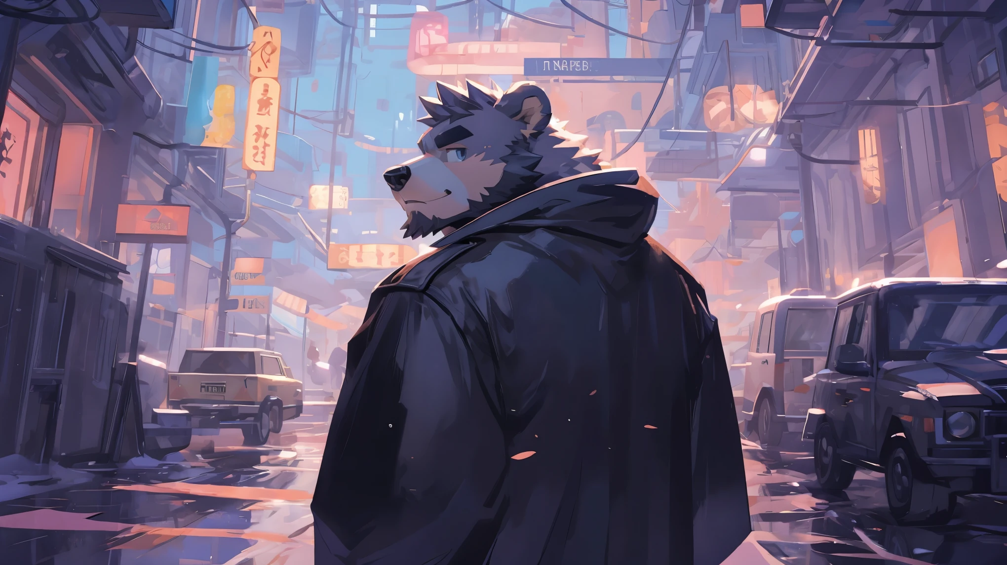 (masterpiece:1.2), best quality,pixiv,official art,(Ray tracing, light), morning ,(1_male:1.3), (solo:1.2) , portrait , (muscle), (gray fur:1.4), (muscle bear), (bear tail), (beard:1.2), Thick eyebrows, cyberpunk, neon light, black vest, open hoodie, cargo shorts , Salar de Uyuni ,reflection, looking at viewer