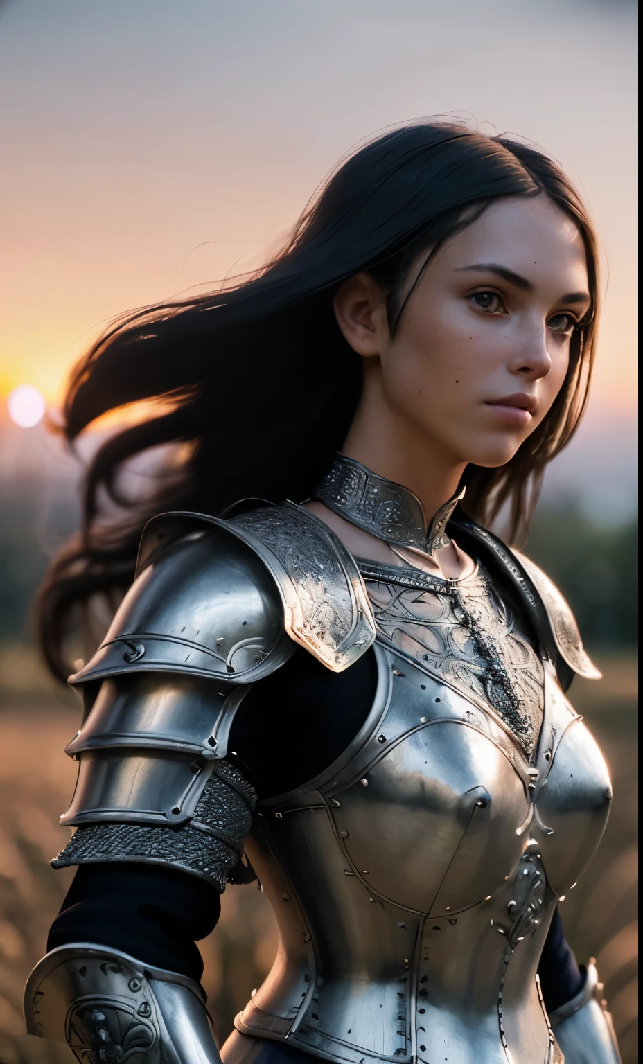 (masterpiece), (extremely intricate:1.3), (realistic), portrait of a girl, the most beautiful in the world, (medieval armor), metal reflections, upper body, outdoors, intense sunlight, far away castle, professional photograph of a stunning woman detailed, sharp focus, dramatic, award winning, cinematic lighting, octane render unreal engine, volumetrics dtx, (film grain, blurry background, blurry foreground, bokeh, depth of field, sunset, motion blur:1.3), chainmail