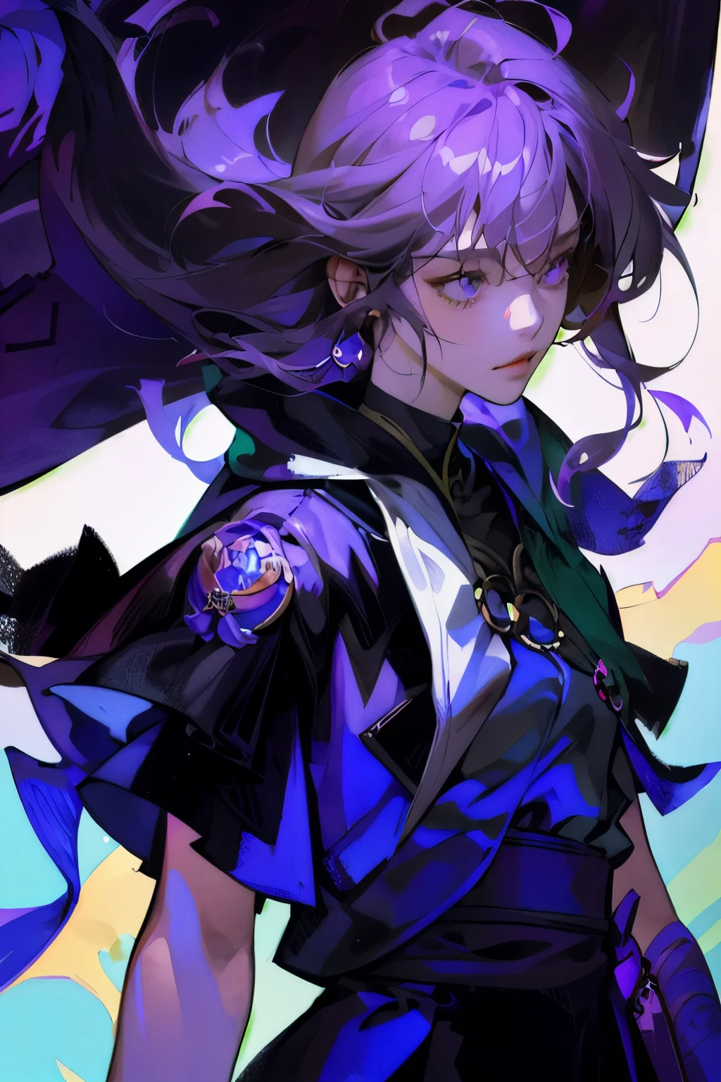 (1girl:1.3),solo,__body-parts__, official art, 8k unit wallpaper, ultra detailed, close-up on face, beautiful and aesthetic, gorgeous, masterpiece, best quality, fantastic atmosphere, calming palette, quiet mood, soft shading, priestess Miko, charm spell, family talisman, priestess duties, dark aesthetic, suit and tie with black leather shorts with many chains around the body and a black leather jacket,  Tokyo city in the background, (messy short purple hair),