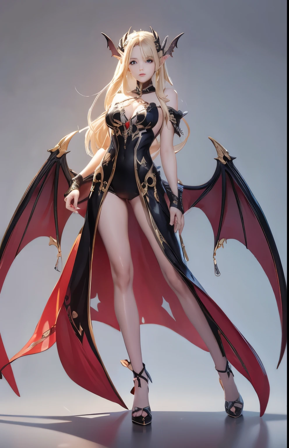 ((masterpiece, best quality)),concept art, woman,, Detailed face，pointed ears, full body details, full of details, Very detailed, depth, many parts, long blonde hair，Succubus。beautiful woman, muscular body, vampire costume clothes, little devil wings。（Blade and Soul style）High heel,jewelry, braid, earrings,White background，standing posture。