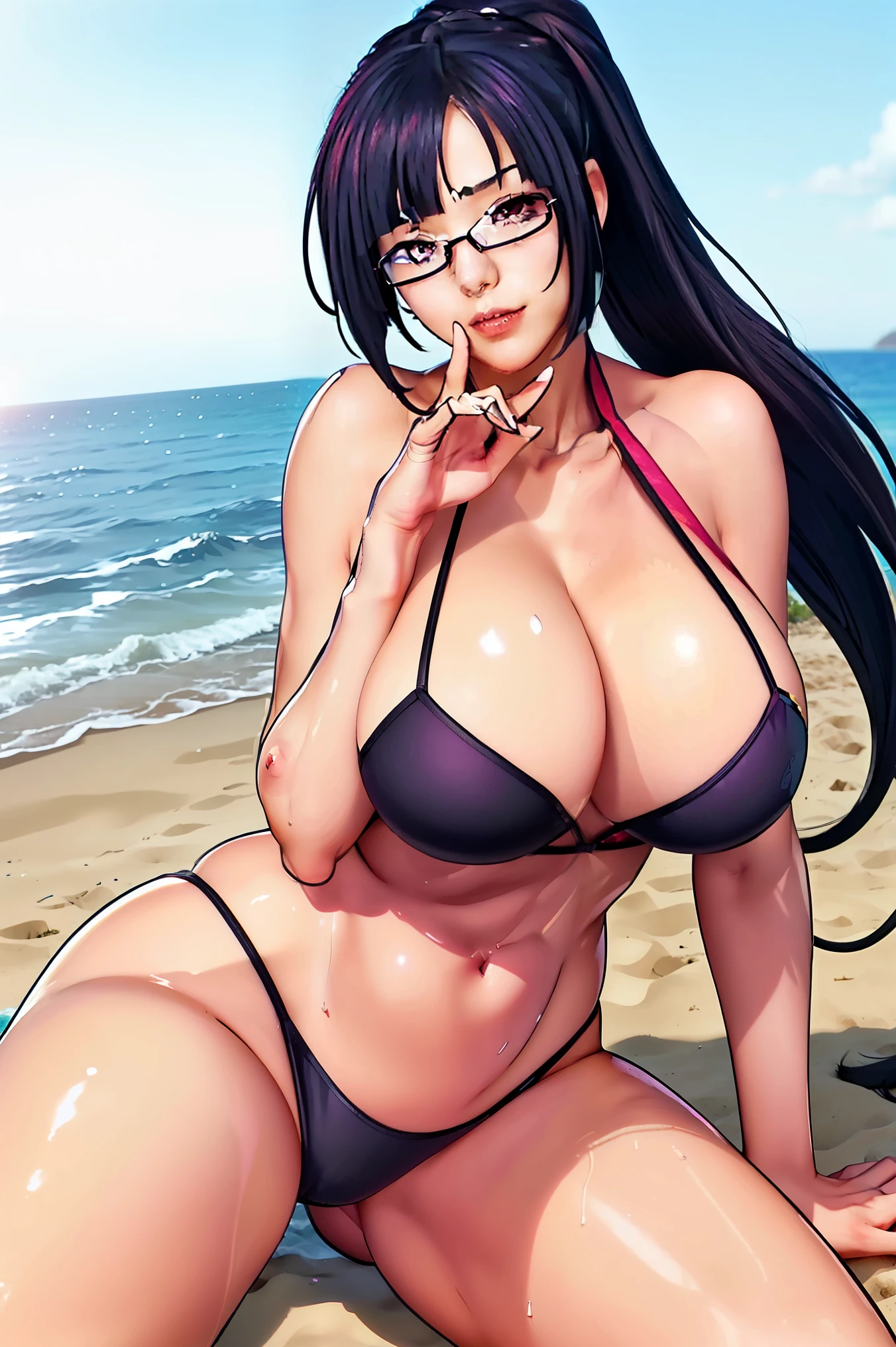 very tempting pose, (at beach), (beach background), pink bikini, semi-rimless eyewear, black hair, very long hair, ponytail,Bangs,purple eyes, 1 girl, 20yo,Young female,Beautiful Finger,Beautiful long legs,Beautiful body, Beautiful Nose,Beautiful character design, perfect eyes, perfect face,expressive eyes, perfect balance, looking at viewer,(Focus on her face), official art,extremely detailed CG unity 8k wallpaper, perfect lighting,Colorful, Bright_Front_face_Lighting,White skin, (masterpiece:1.0),(best_quality:1.0), ultra high res,4K,ultra-detailed, photography, 8K, HDR, highres, absurdres:1.2, Kodak portra 400, film grain, blurry background, bokeh:1.2, lens flare, (vibrant_color:1.2),professional photograph, (Beautiful,huge_Breasts:1.4), (beautiful_face:1.5),(narrow_waist)