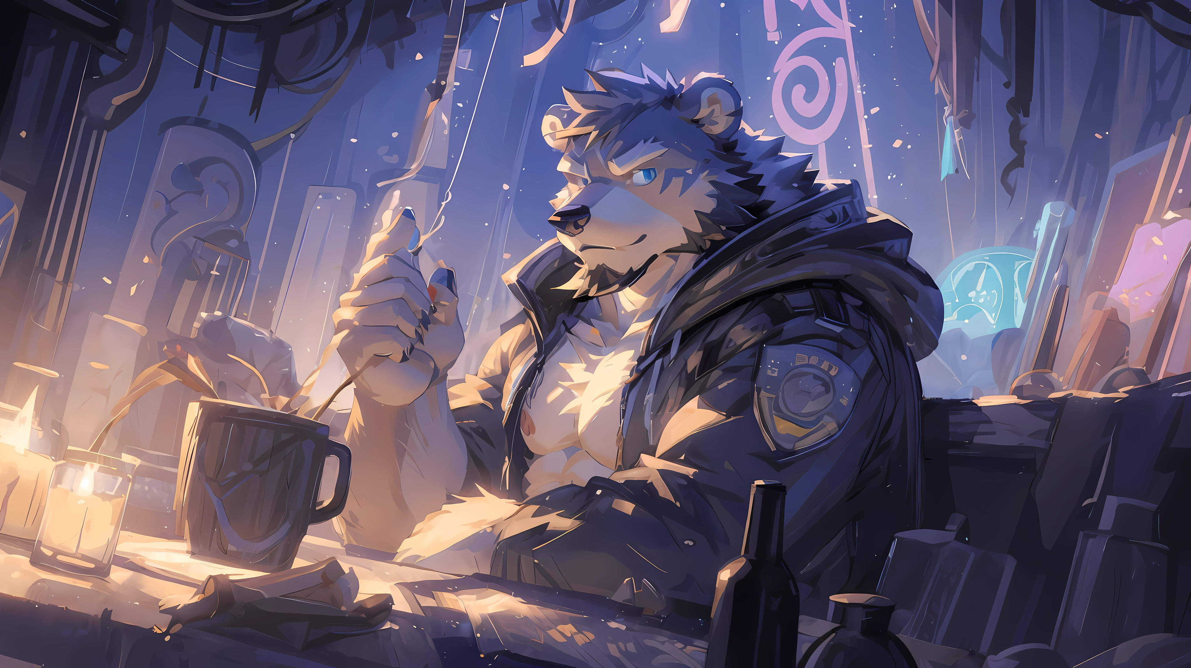 (masterpiece:1.2), best quality,pixiv,official art,(Ray tracing, light), morning ,(1_male:1.3), (solo:1.2) , portrait , (muscle), (gray fur:1.4), (muscle bear), (bear tail), (beard:1.2), Thick eyebrows, cyberpunk, neon light, black vest, open hoodie, cargo shorts , Salar de Uyuni ,reflection, looking at viewer