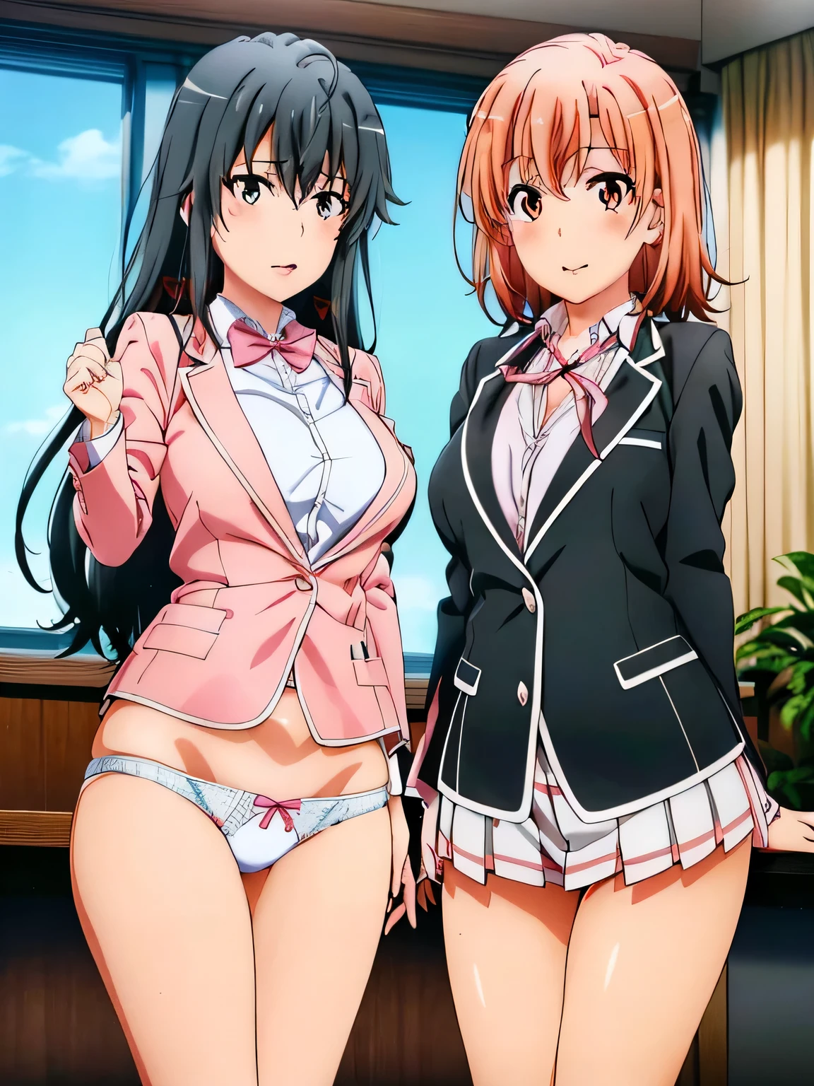 (2 girls) ,(Yukinoshita Yukino white lace panties).(Yuigahama Yui pink lace pants), classroom, uniform,,(black blazer),shirt,(Yuigahama Yui has big breasts),(Yuigahama Yui opens her mouth),(check skirt:1.0)),(((shiny panties))),squat,thighs,calf,pink sneakers,whole body,smile,from the front,