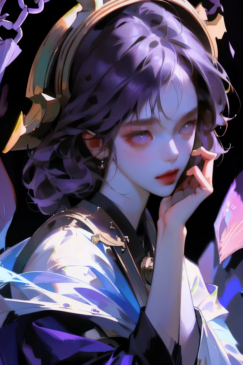 (1girl:1.3),solo,__body-parts__, official art, 8k unit wallpaper, ultra detailed, close-up on face, beautiful and aesthetic, gorgeous, masterpiece, best quality, fantastic atmosphere, calming palette, quiet mood, soft shading, priestess Miko, charm spell, family talisman, priestess duties, dark aesthetic, suit and tie with black leather shorts with many chains around the body and a black leather jacket,  Tokyo city in the background, (messy short purple hair),