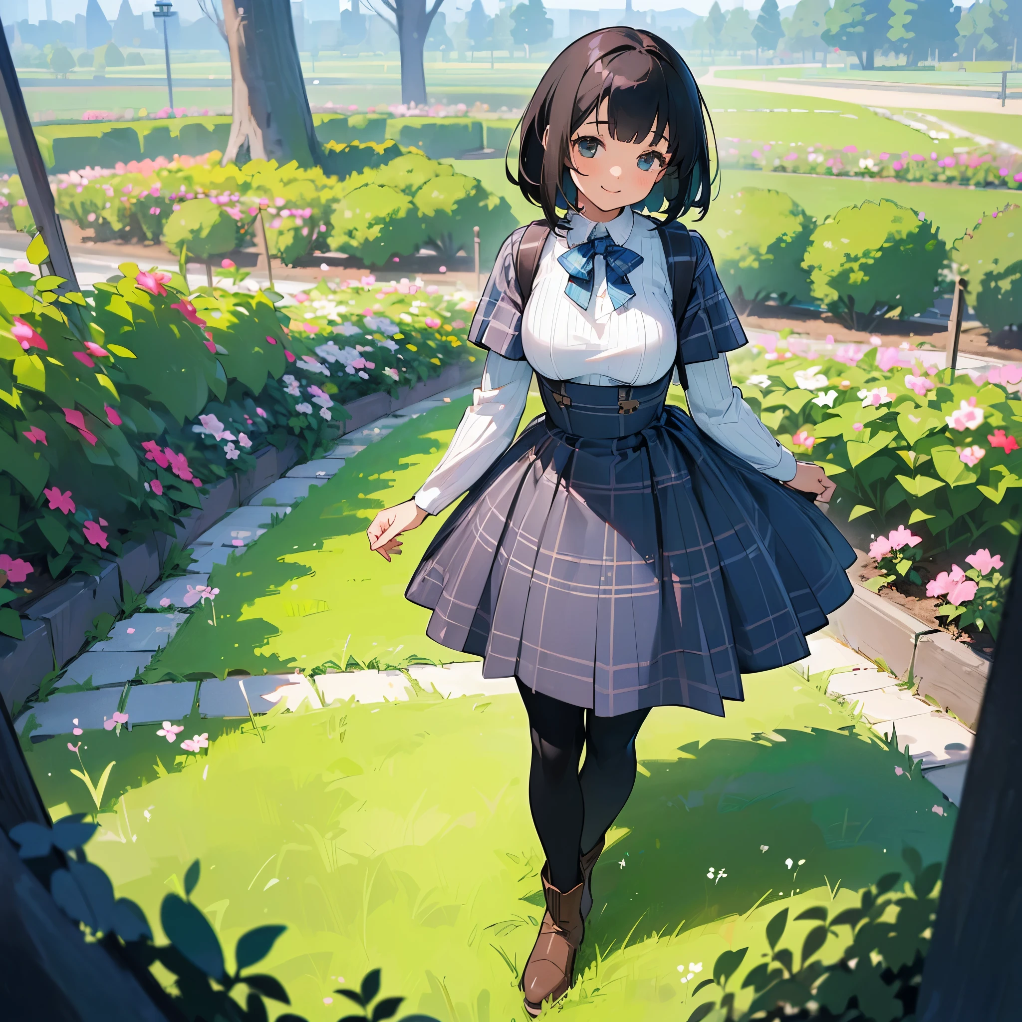 (high quality, High resolution, Super detailed, reality:1.37), peaceful atmosphere, (outdoors, garden), age girl standing alone, (my breasts are big.), Beautiful detail features, cute smile, (black bob hair), ribbed sweater, blue plaid skirt, black tights, brown boots.