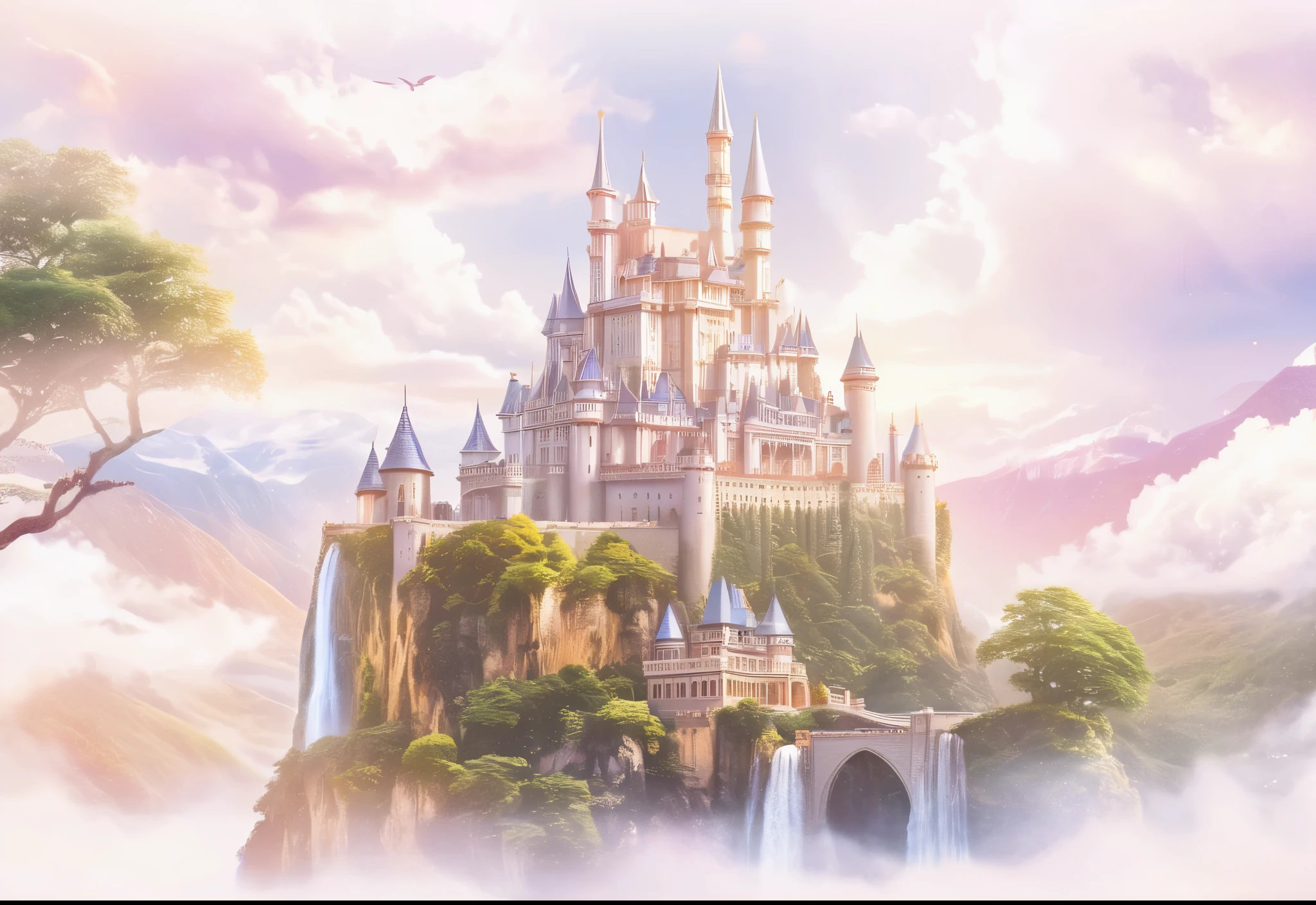 There is a castle on the cliff，The background is a waterfall, Fairy tale style background, castle background, Feiyun Castle, Fantasy castle, magic castle, Beautiful fairy tale rendering, magic castle school on a hill, high Fantasy castle, beautiful castle, Cloud Castle, fantasy background, kingdom of light background, palace floating in the air, palace background