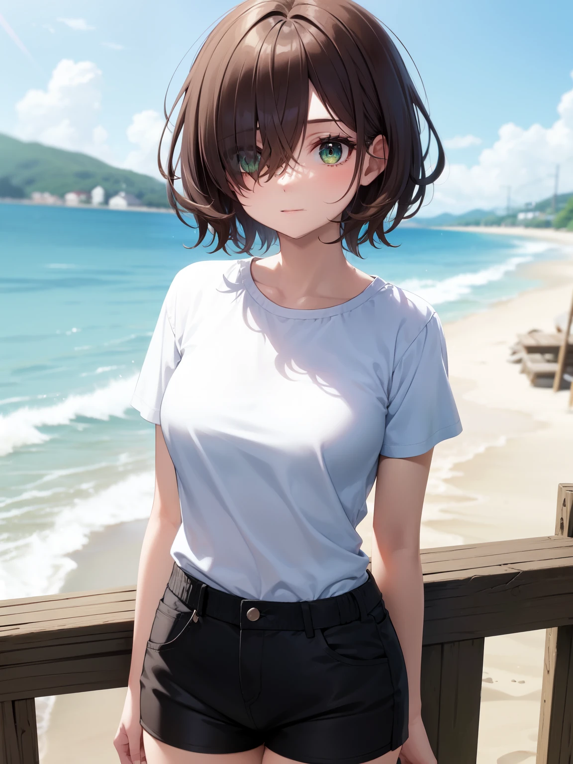 1girl, solo, brown hair, (hair over one eye:1.2), short hair, messy hair, pixie cut, asymmetrical bangs, hair between eyes, green eyes, white shirt, black shorts, against fences, beach, shoreline, road, town