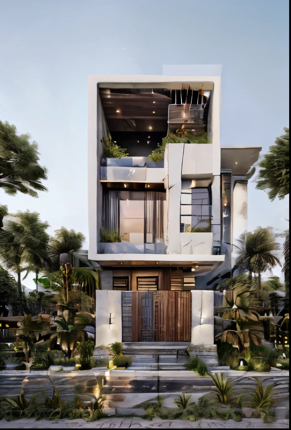 Realistic images, extremely detailed, a modern house, 1 road in font of house, large yard made by ceramic, (1 car), brick fence, lawn, a few small flowers, a road in front of the house, main materials of the house are white walls and red brick, Modern design, clear blue sky, sunrise light, light from inside, dynamic light,shimering light, cinematic light, romantic feeling, (((day light, warm light)))