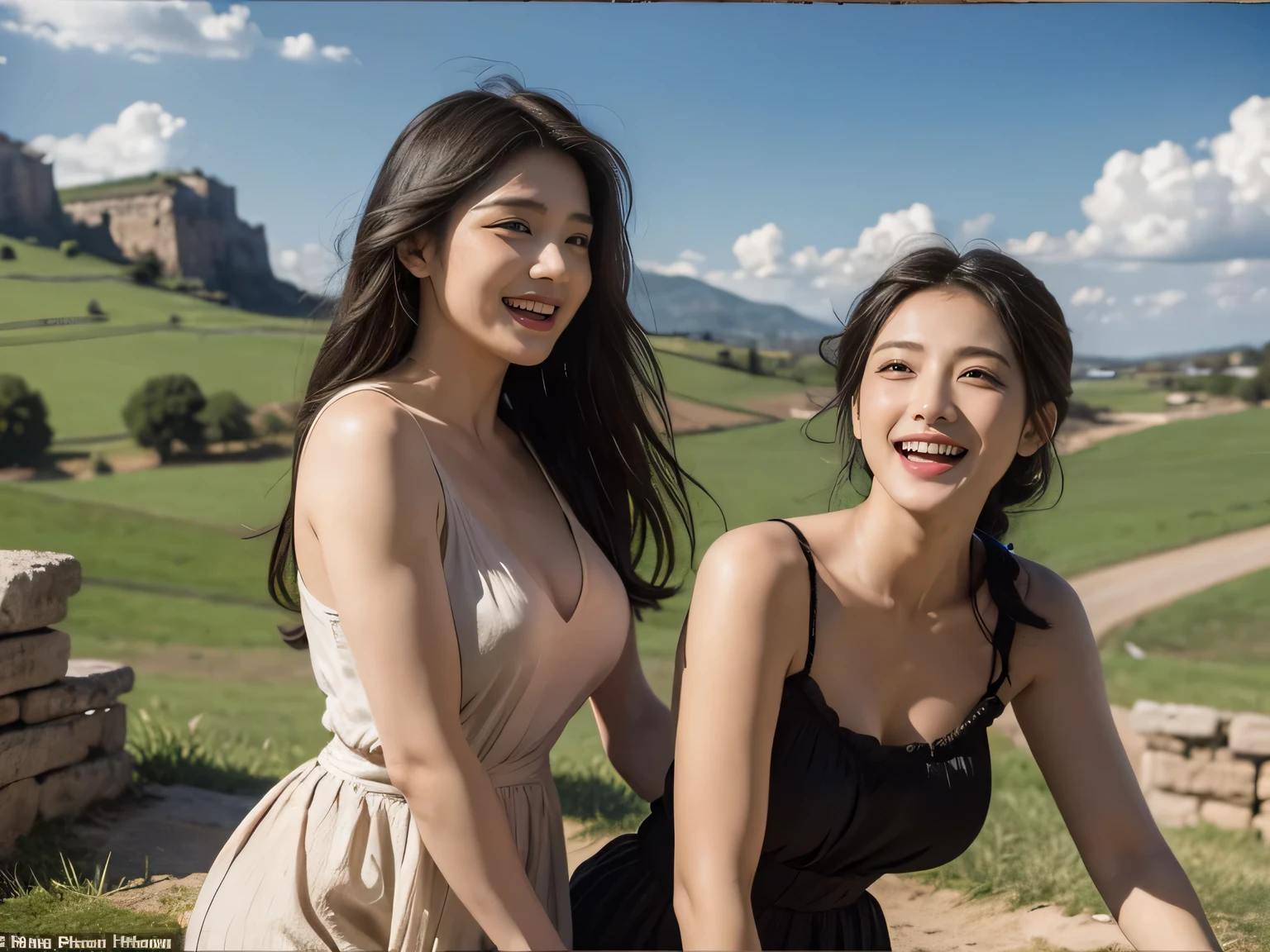 Ancient Roman landscape in the style of Nicolas Poussin,laughter,,Sweet and seductive appearance.、Caravaggio's paintings、Chiaroscuro of Caravaggio、hair tousled by the wind,Two women frolicking,cute smile, expression of ecstasy,Sexy,erotic