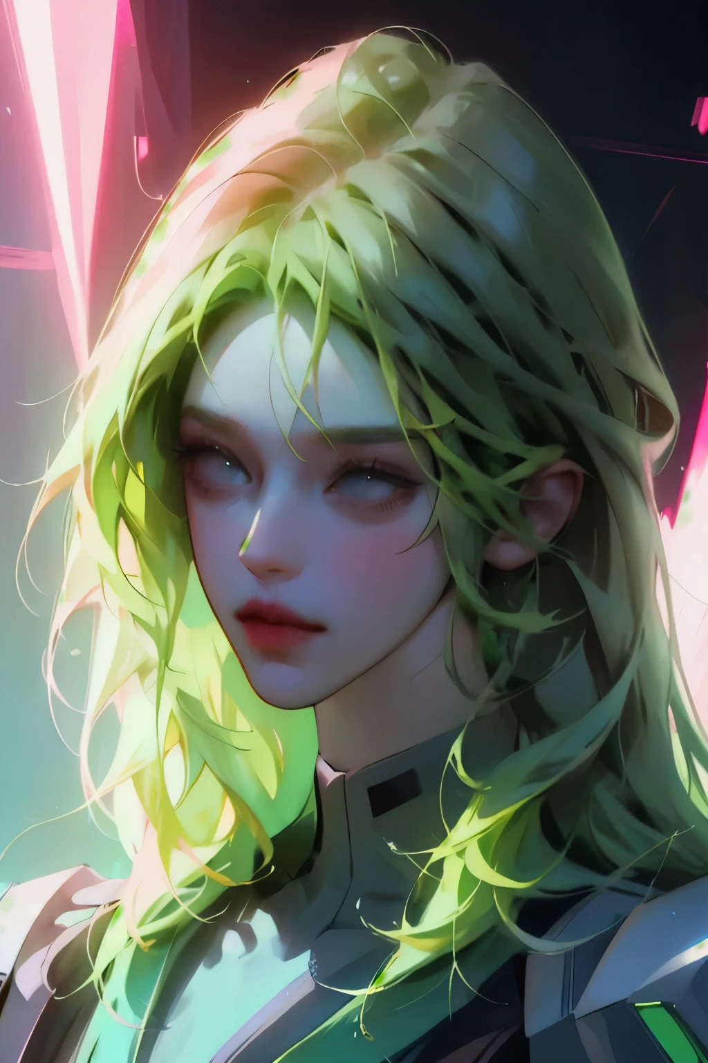 Woman, realistic character, green hair with pink locks, blue eyes, anime, Alone, modern, cyberpunk