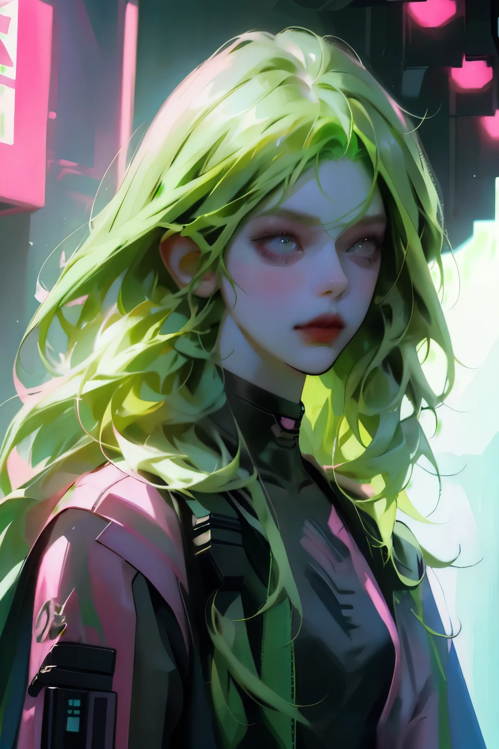 Woman, realistic character, green hair with pink locks, blue eyes, anime, Alone, modern, cyberpunk