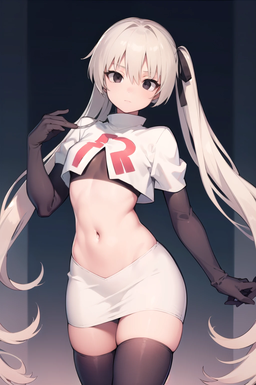 sorakasugano, sora kasugano, ahoge, (black eyes:1.5), hair between eyes, hair ribbon, long hair, twintails, black ribbon, white hair, (flat chest:1.2),
BREAK team rocket,team rocket uniform,white skirt,red letter R,crop top,black thigh-highs,black elbow gloves
BREAK looking at viewer,
BREAK (masterpiece:1.2), best quality, high resolution, unity 8k wallpaper, (illustration:0.8), (beautiful detailed eyes:1.6), extremely detailed face, perfect lighting, extremely detailed CG, (perfect hands, perfect anatomy),