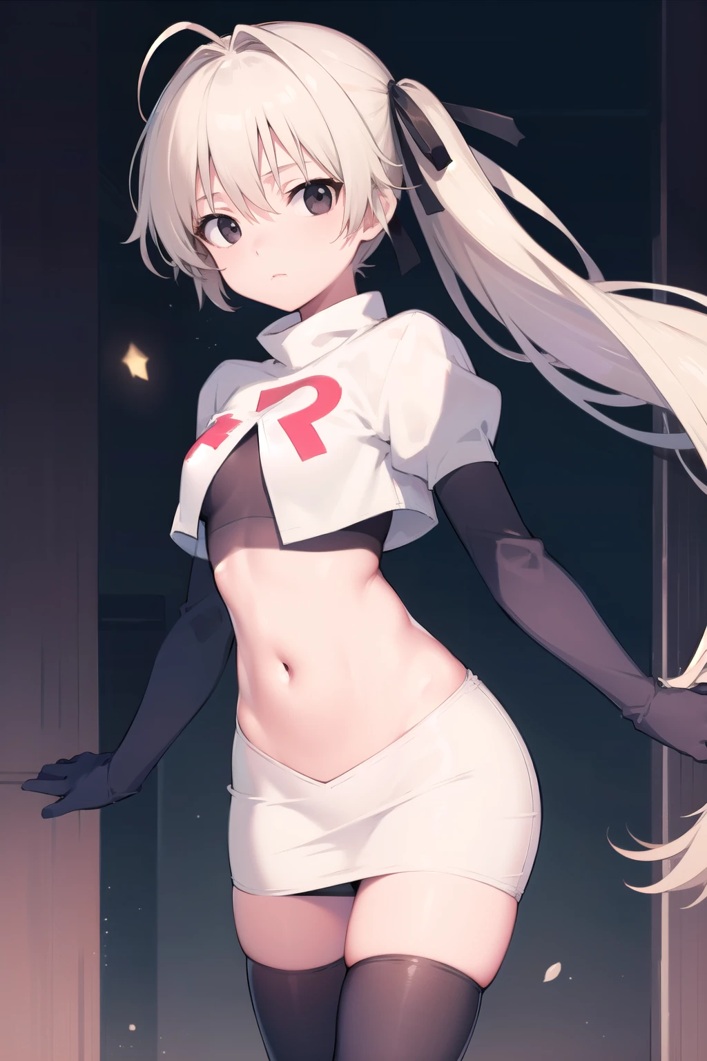 sorakasugano, sora kasugano, ahoge, (black eyes:1.5), hair between eyes, hair ribbon, long hair, twintails, black ribbon, white hair, (flat chest:1.2),
BREAK team rocket,team rocket uniform,white skirt,red letter R,crop top,black thigh-highs,black elbow gloves
BREAK looking at viewer,
BREAK (masterpiece:1.2), best quality, high resolution, unity 8k wallpaper, (illustration:0.8), (beautiful detailed eyes:1.6), extremely detailed face, perfect lighting, extremely detailed CG, (perfect hands, perfect anatomy),