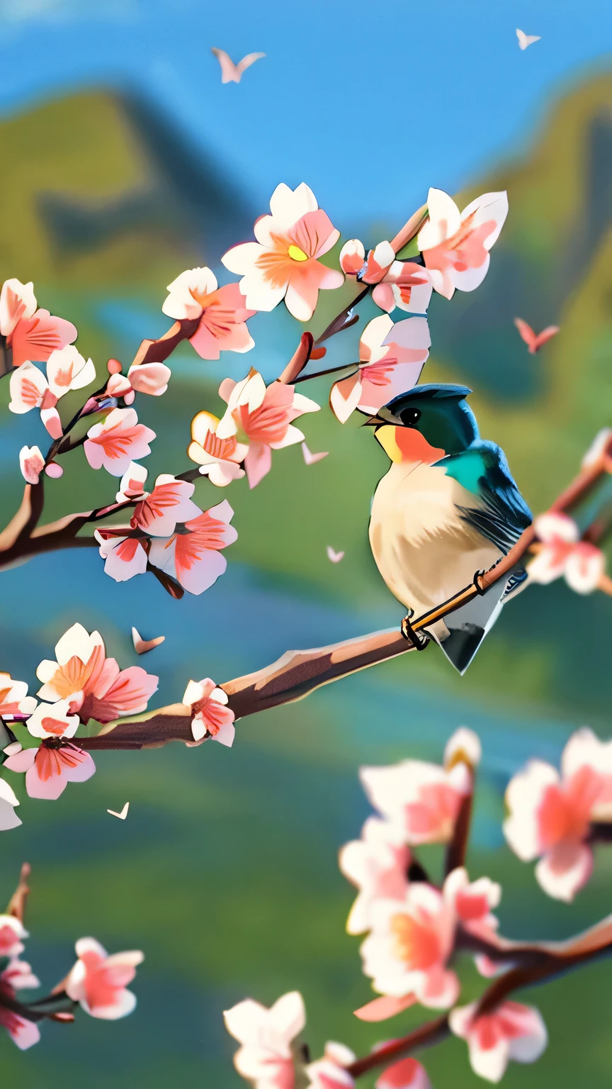 swallow，peach blossom，spring、green