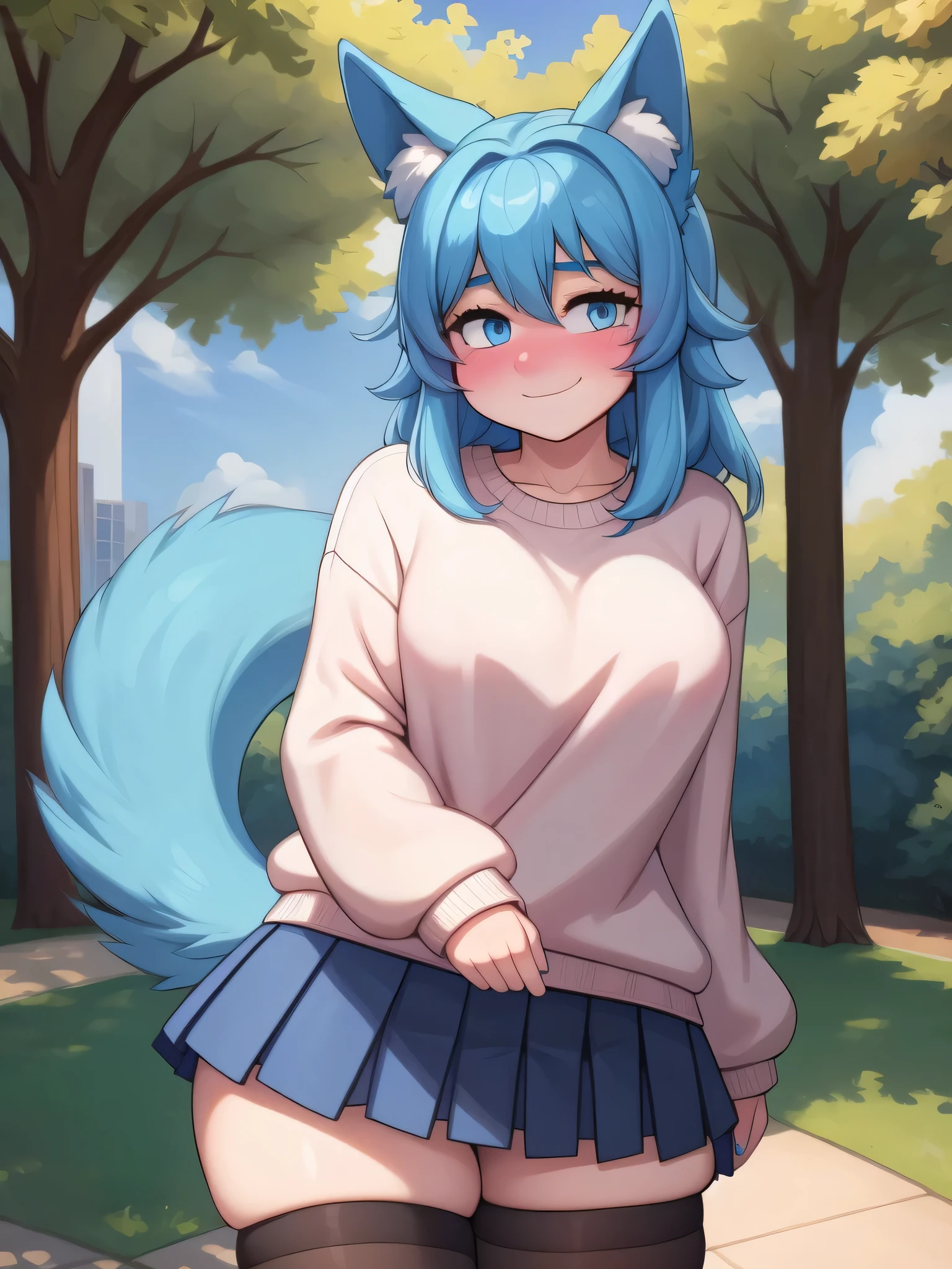 (Masterpiece) (High Detail) (High Res) A close up of A short  short humanoid girl with pale human skin and blue eyes and long blue hair and blue dog ears and a fluffy blue dog tail and small/medium breasts. She is stood in a park and is wearing an oversized white sweater and a pleated skirt and thigh high black stockings. She is smiling and has blushing cheeks.