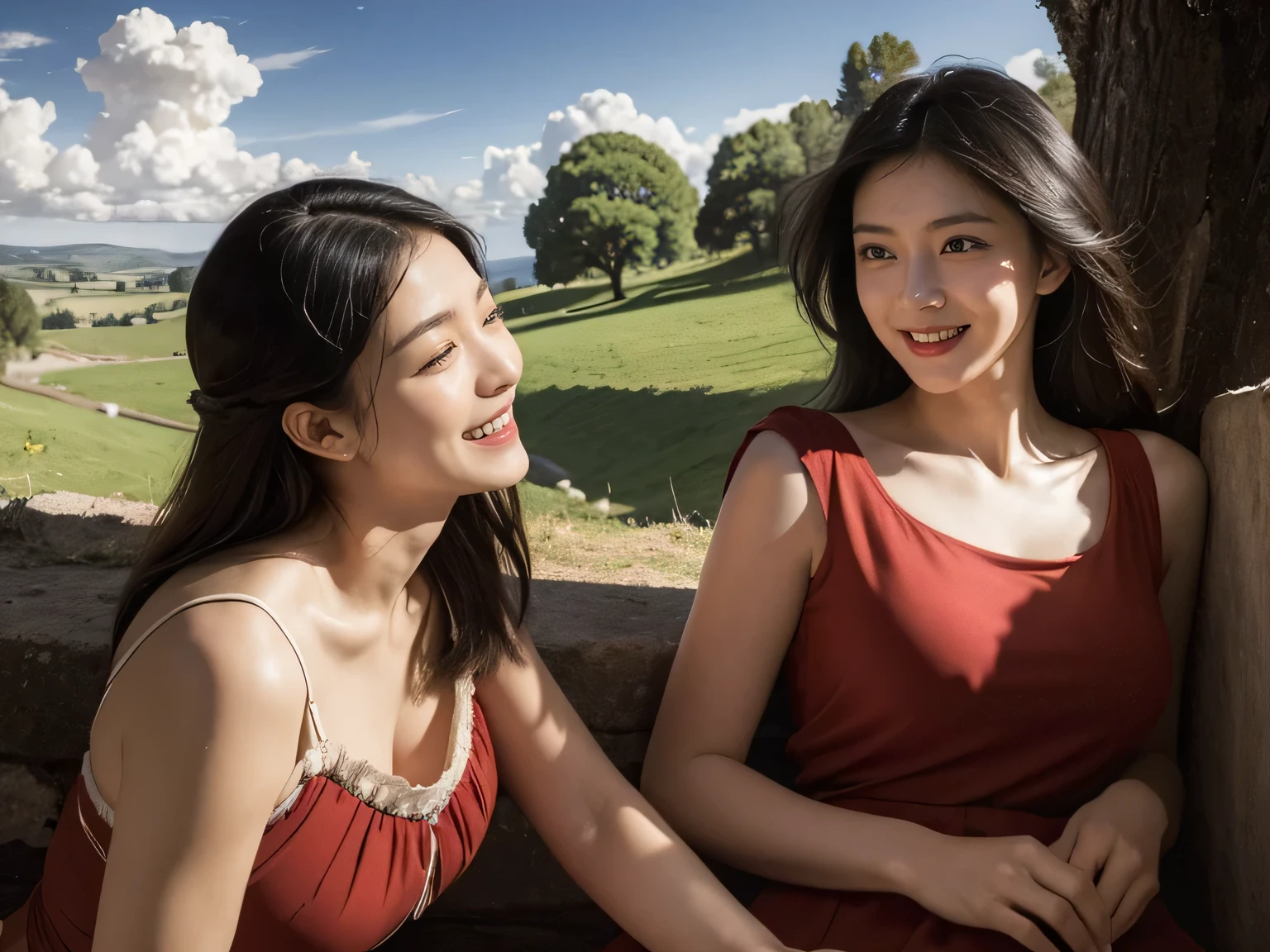 Ancient Roman landscape in the style of Nicolas Poussin,laughter,,Sweet and seductive appearance.、Caravaggio's paintings、Chiaroscuro of Caravaggio、hair tousled by the wind,Two women frolicking,cute smile, expression of ecstasy,Sexy,??????