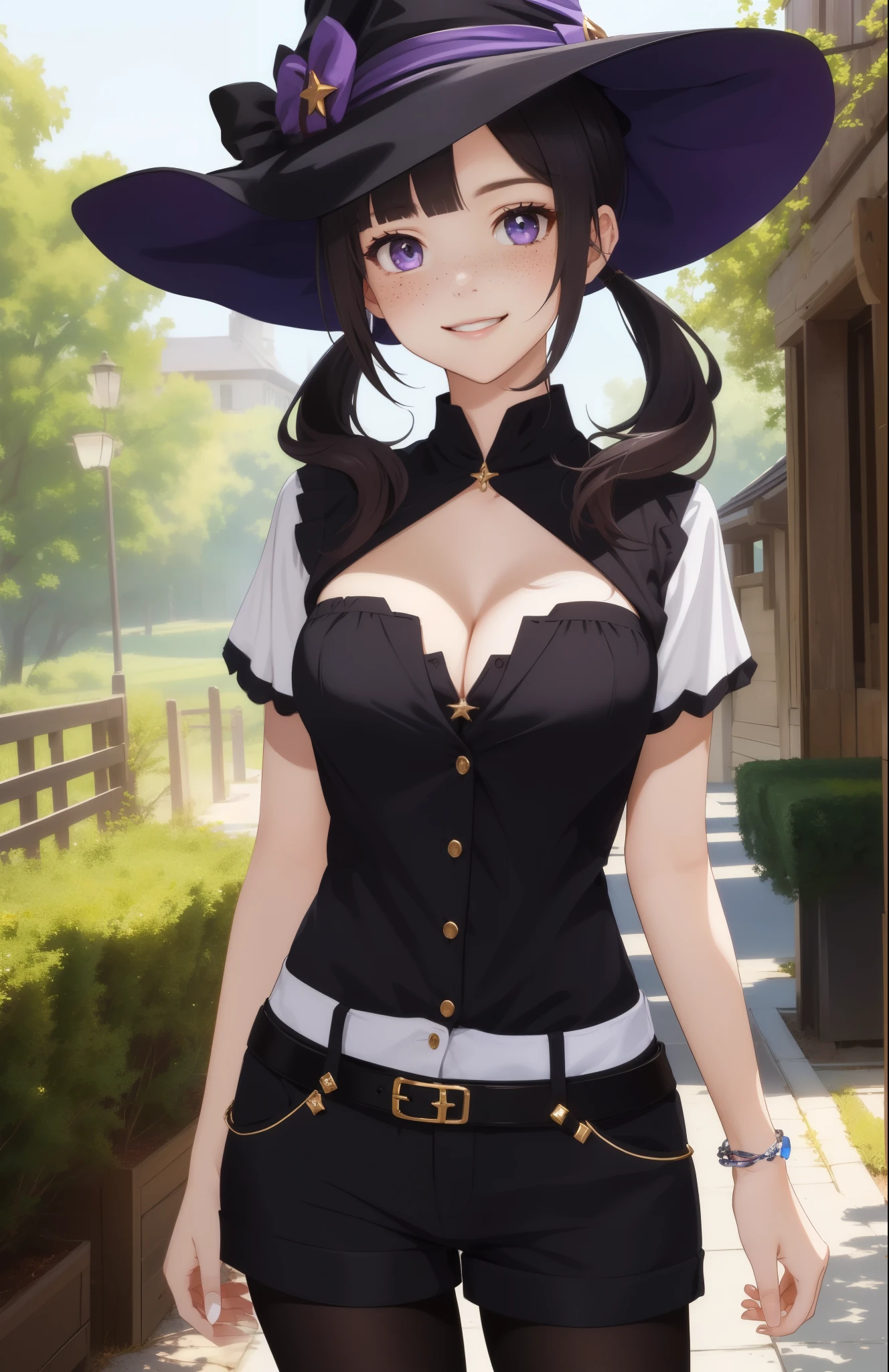 perfect eyes:1.2, detailed eyes:1.4, short hair, low twintails, twintails, black hair, freckles:1.2, purple eyes, smile, sexy, pantyhose, witch hat, black shorts, cleavage, outdoors, cowboy shot, 1girl, solo, (masterpiece:1.6, best quality),