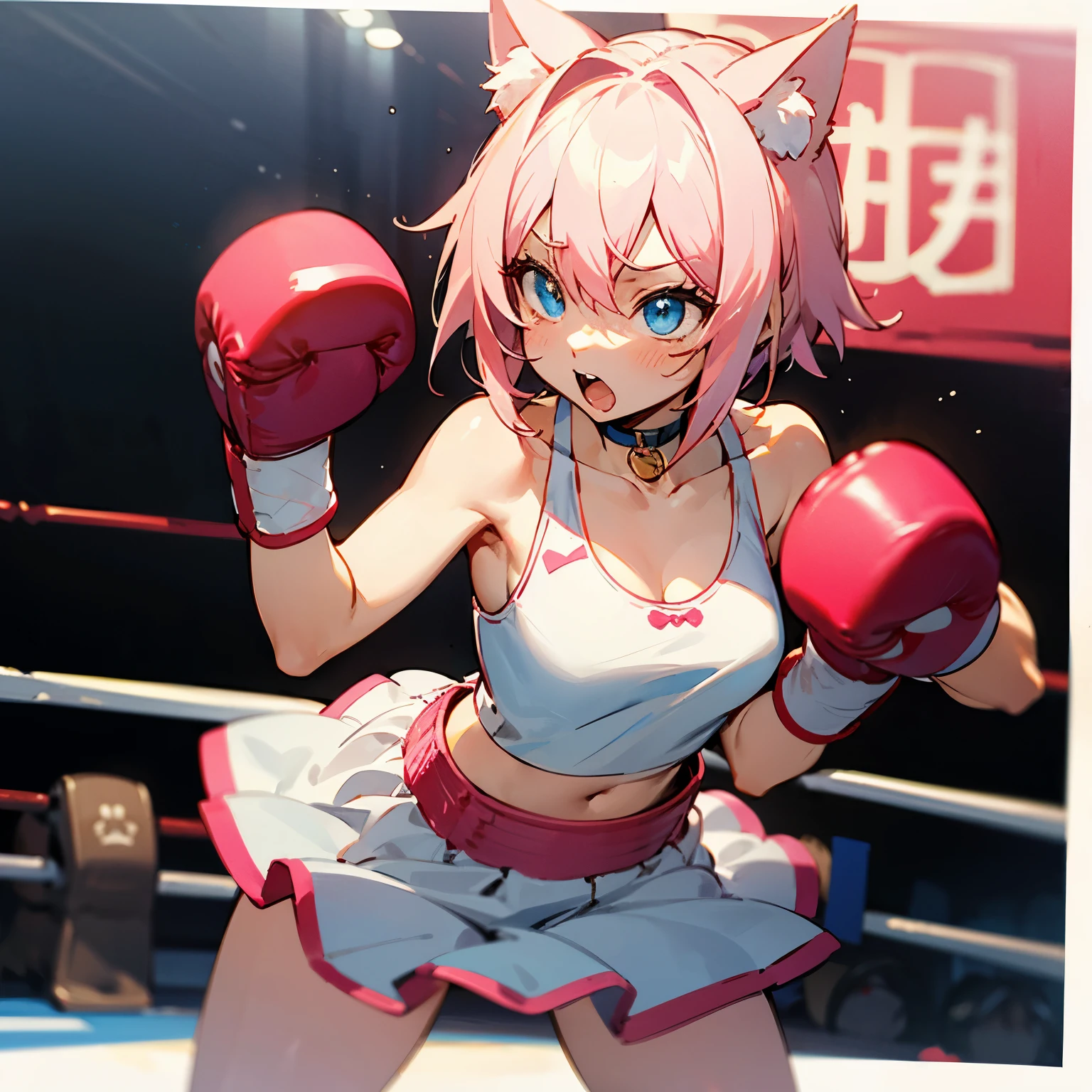 Nyatasha Nyanners in a boxing stance, light pink hair, blue eyes, anime catgirl