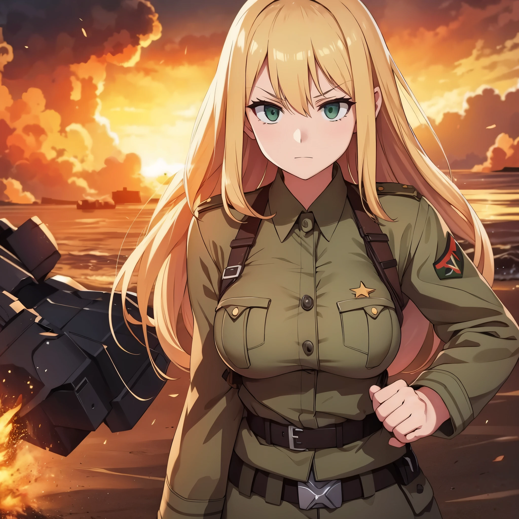 A woman in military clothes, long blonde hair, green eyes, Normandy beach during the Second World War, explosion, war scene, serious face.
