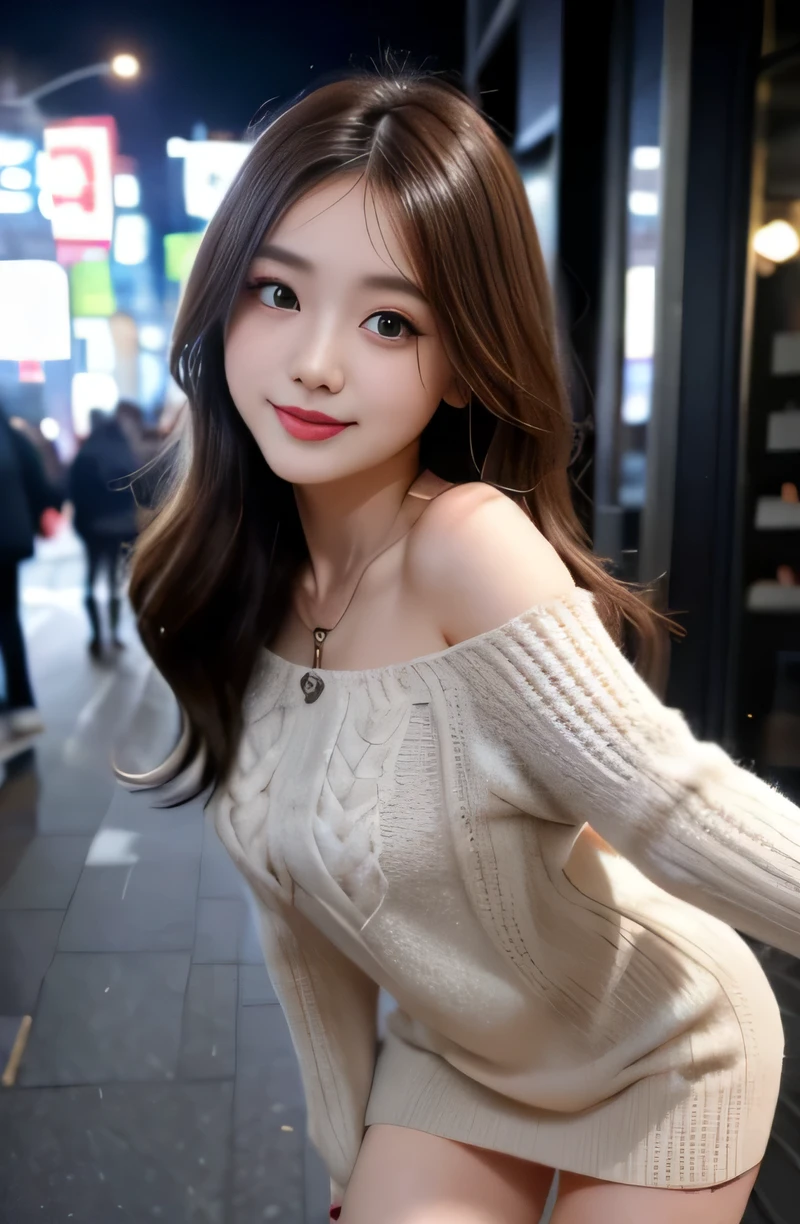 1 girl, highest quality, perfect figure, Super detailed, finely, High resolution, 8k wallpaper, Perfect dynamic figure, beautiful and detailed eyes,medium hair, natural color lip, bold sexy pose,smile,Harajuku、20-year-old, cute、sexy shot, looking at the viewer, Change costume randomly, (trendy winter clothes)