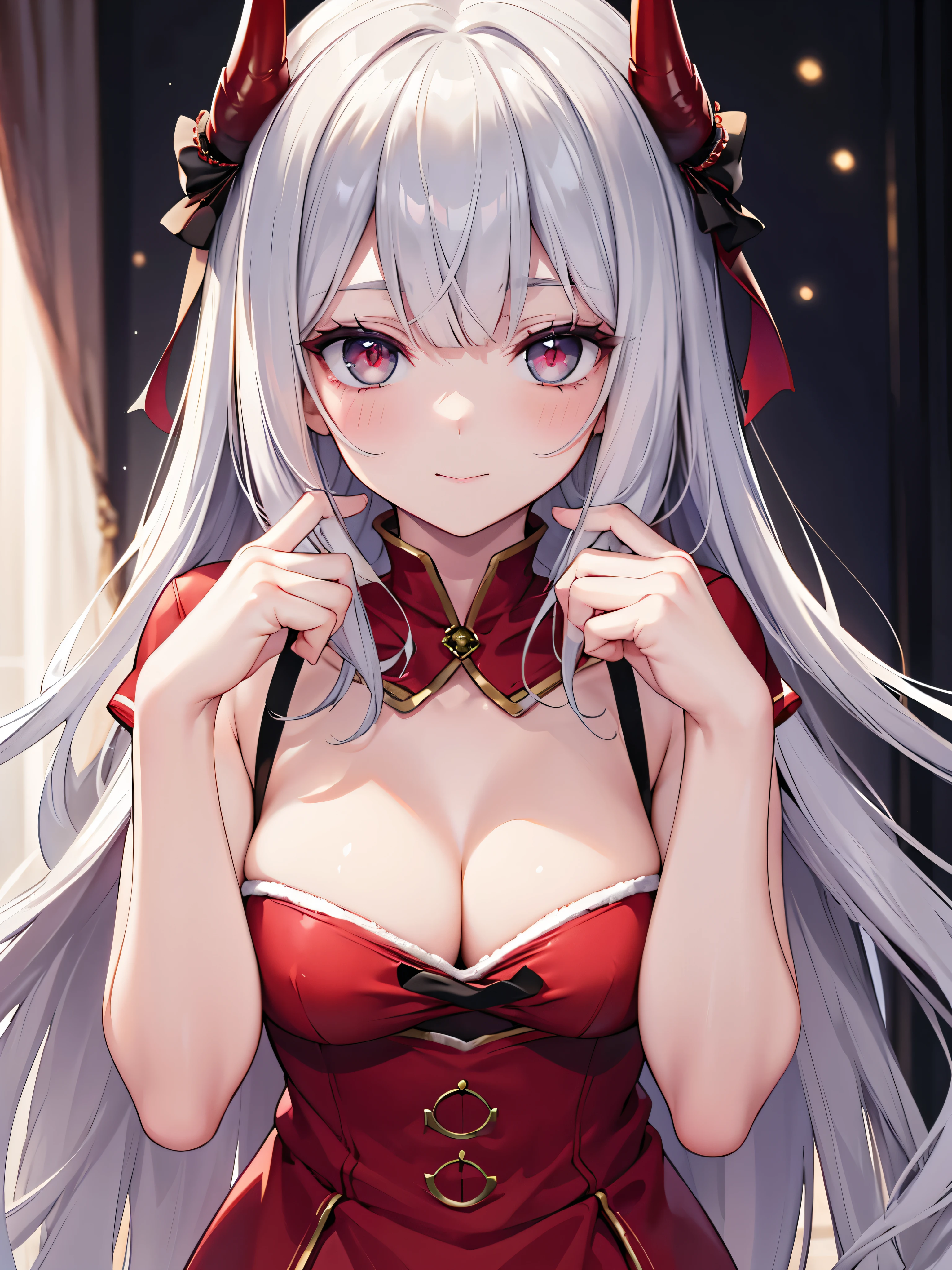 8k, top quality, real image, intricate details, super detailed, ultra high resolution, depth field,(realism,actual:1.2),Masterpiece, 0.25 :: close up , Direct light , , 1 girl in, , A very beautiful girl, sharp vision,Devil's Point , ,straight bangs,A black-haired one,black long straight hair,scarlet eyes, Perfectly radiant skin, flawless skin, White skin, breast exposed, , thin waist, thin blush, alone, looking at the audience, old smile, perfect five fingers, big deal ,,glowing face,Christmas,Santa Claus clothes