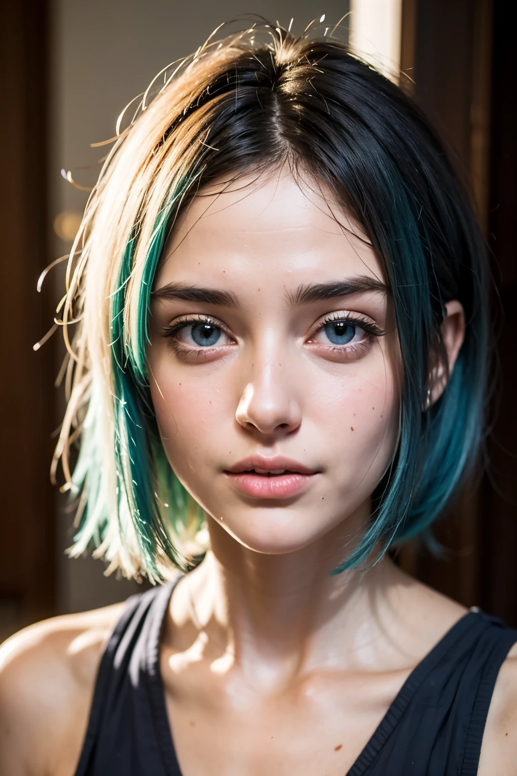 A 22-year-old white woman, with blue hair and green eyes (Italian) 