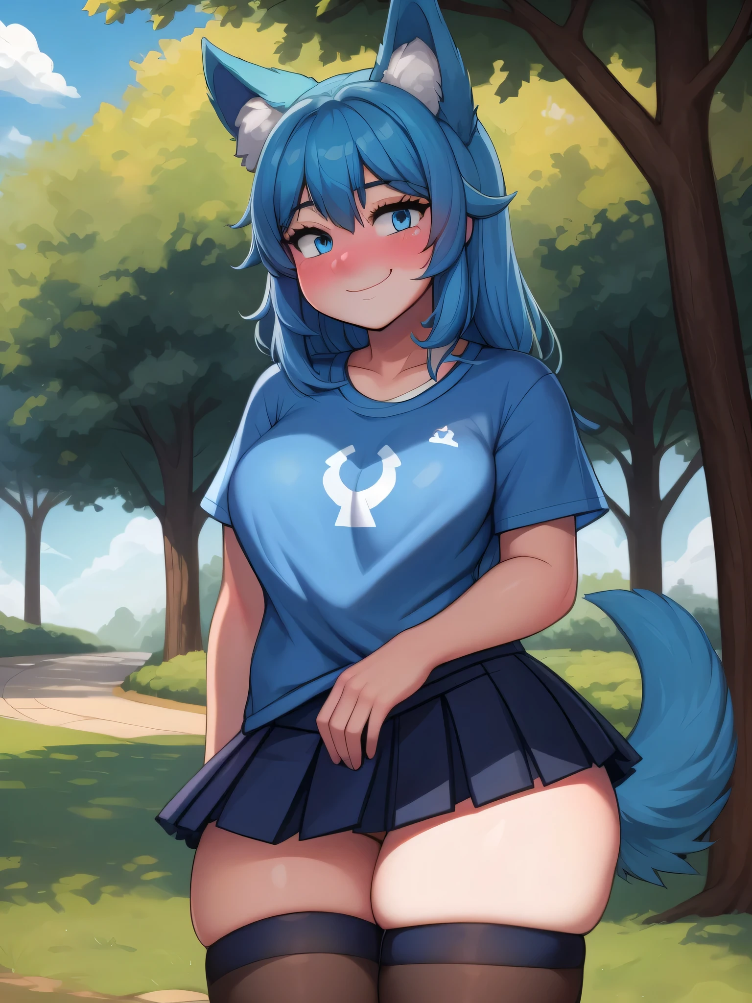 (Masterpiece) (High Detail) (High Res) A close up of a short  humanoid girl with pale human skin and blue eyes and long blue hair and blue dog ears and a fluffy blue dog tail and average breasts. She is stood in a park and is wearing an oversized navy t-shirt and a short pleated skirt and thigh high black stockings. She is smiling and has blushing cheeks.