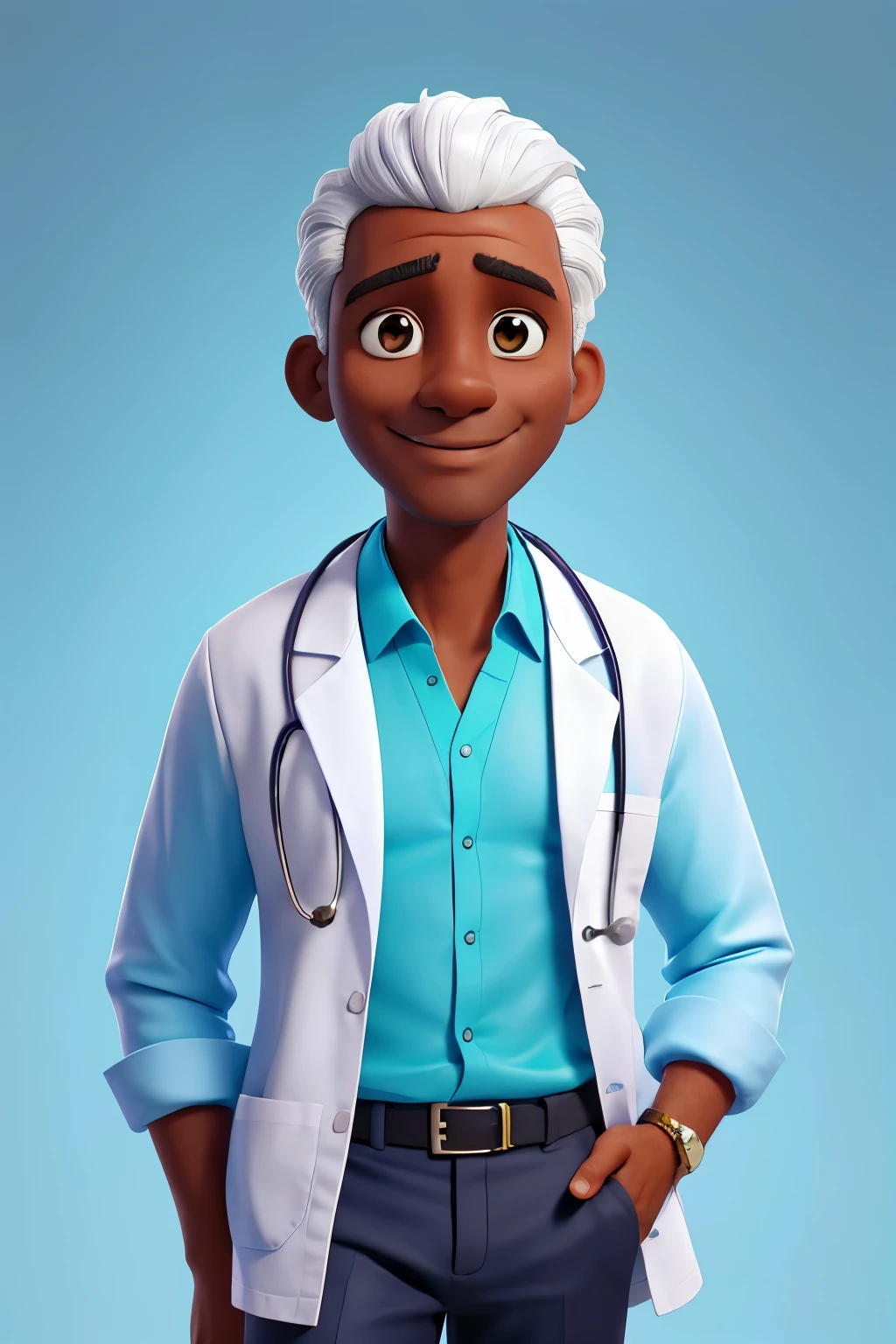 portrait photo of a doctor, male, dark skin, 50, well lit, bright white background, turquoise shirt, white coat, medium shot, front on, looking at camera, smiling, professional, old, wise