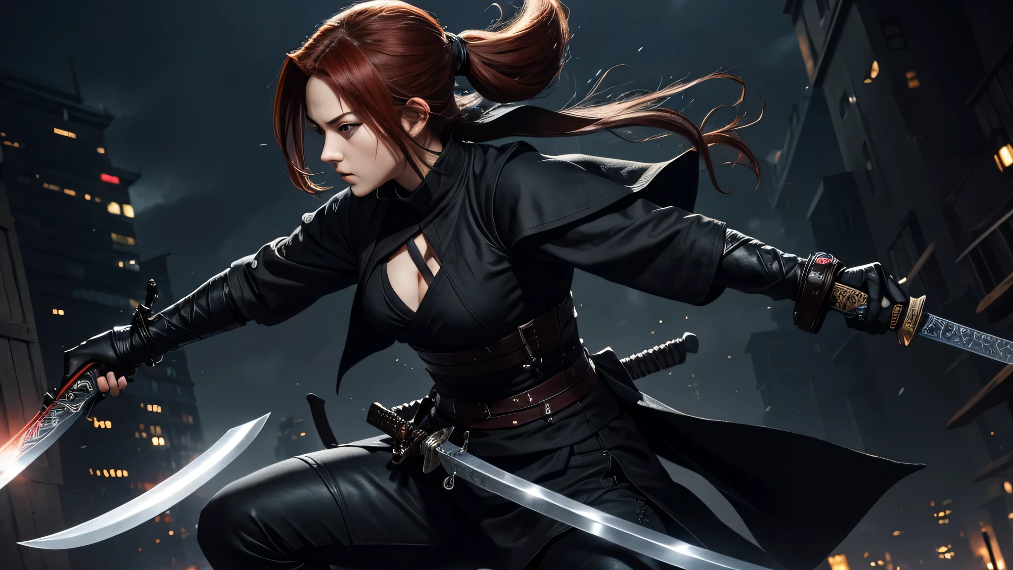 Arafe woman dressed in black with sword and knife, goth ninja, Dramatic sword wielding pose, anime , ninja costume, daring teenage murderer, has a black sword, wearing Japanese tech wear, she has a sword, anime Garota , Ginger hair inspired by Kano Hogai。., samurai of the city,perfect body,(lie:1.3)