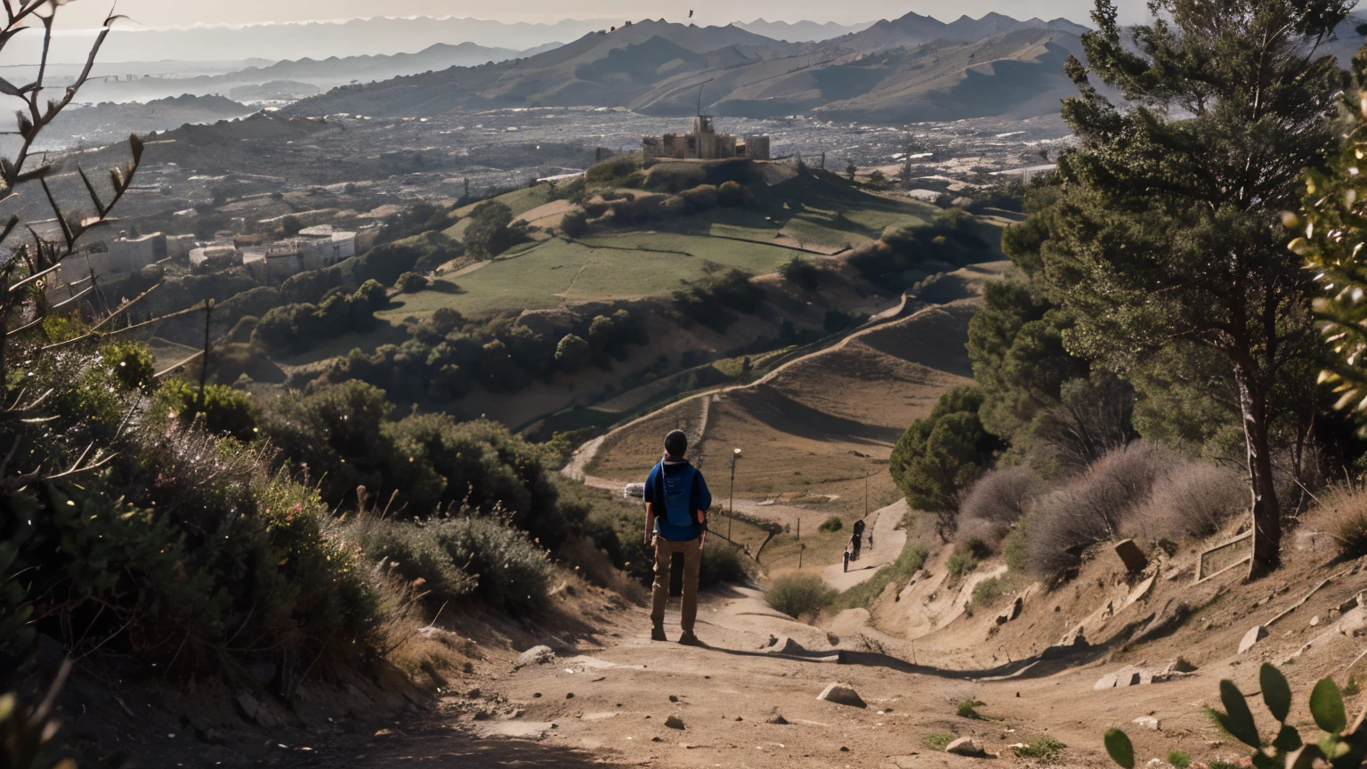 La cruz sobre un monte, con una luz resplandeciente en el fondo, the crown of thorns nearby and some young people watching from afar