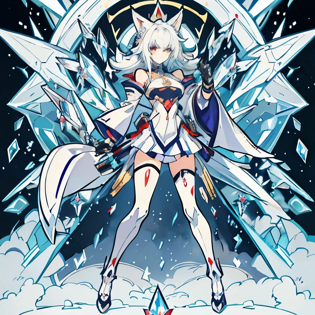 Anime - A female character with cat ears and a collar,Has a white-haired fox appearance,《arknight》of the white cat girl,Cute cat ears anime girl,Beautiful anime cat girl,Has a very beautiful appearance,neferpitou,nyaruko-san,arknightsuper wide shot, Full body frontal photo,Alphard image of a mecha female warrior, from girls frontline, Mecha warrior style, girls frontline universe, Fine details. Girl front, in mecha style,Fighting posture,giant mecha,(Smooth surface),Cyberpunk-city,White is the main color,With brown、Decorative color of gold,。There are powerful thrusters,(crystal:1.3),(((masterpiece))),(((Best quality))),((ultra - detailed))((Extremely detailed CG)),((16K resolution))((An extremely delicate and beautiful)),{Photorealistic},Full of detailed light blooms,A masterpiece from the Canon EOS R6 shooting,((tmasterpiece)) ,movie lighting,solo,Unreal Engine 5,(Japanese Katana Sword,Superb craftsmanship、Elegant and powerful katana。The blade is slender and graceful,Built with futuristic technology。The body of the knife is carved with fine ornaments,Showcasing mythical creatures and symbols of power。The handle is made of precious metal material),salama,raiden