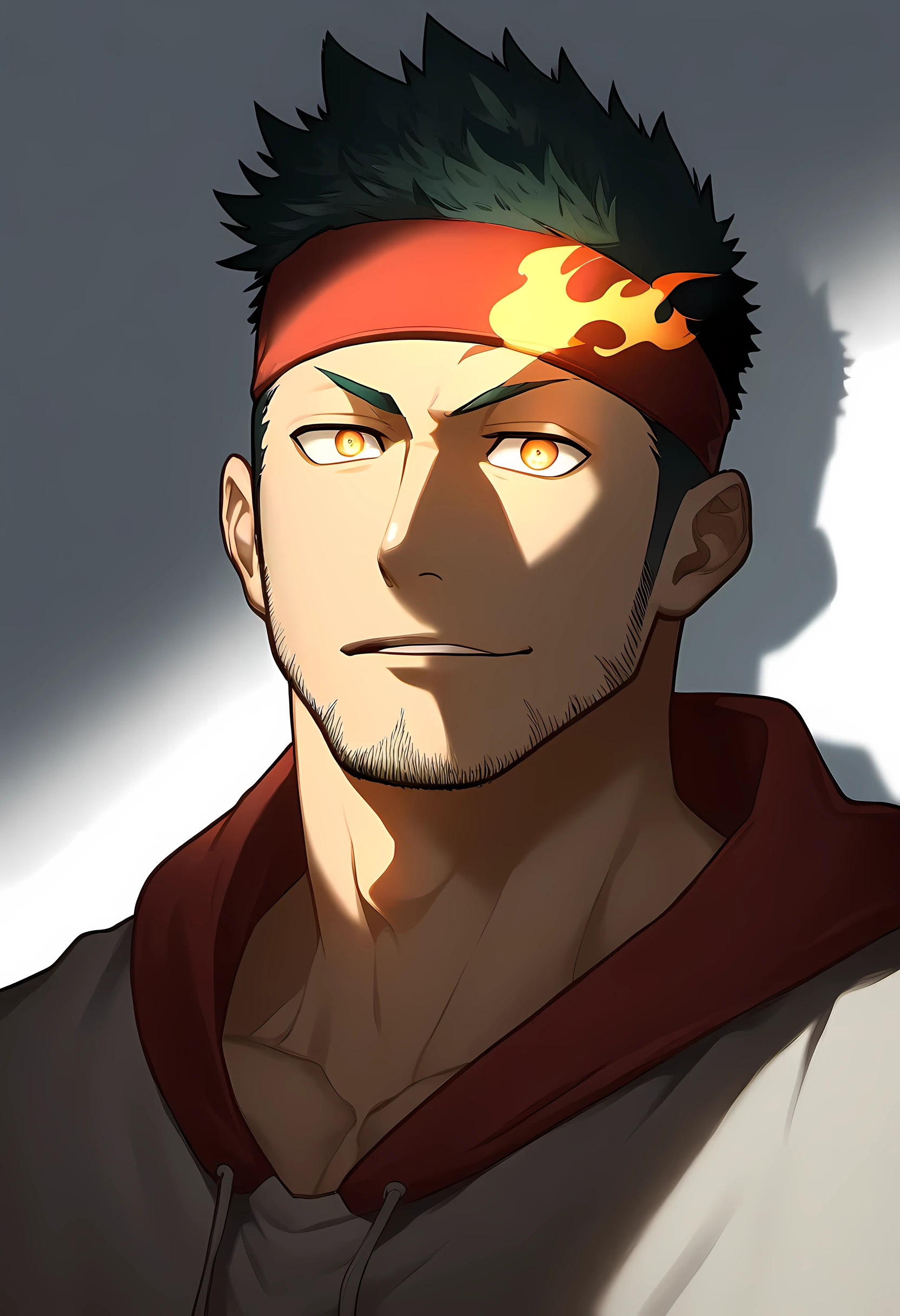 anime characters：Guy, Priapus, 1 muscular man god, Flame tattoo, Sport red headband, Sports hooded sweatshirt, muscular male, muscular, only, Upper body, alone, short black hair, thick eyebrows, stubble, yellow eyes, White background, simple background, amazing quality, best aesthetics, Ridiculous, bright pupils, short hair, naughty face, torogao, open lips, divine light, chiaroscuro, shadow, best quality