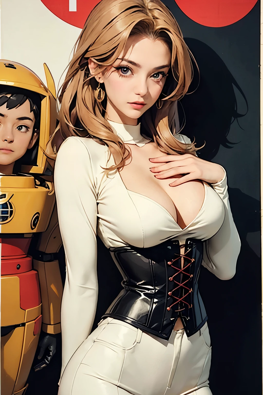 Close-up of a woman wearing a corset and a group of people, edwards poster art, gold and copper armor, Mecha, seventies, Face like ester exposed, 1 9 7 0 s women are alive, Keyframe, Doll Punk, There is a gold belt around the chest, Barbarella, Metal, Mechaanical, Mechaanical superstructure