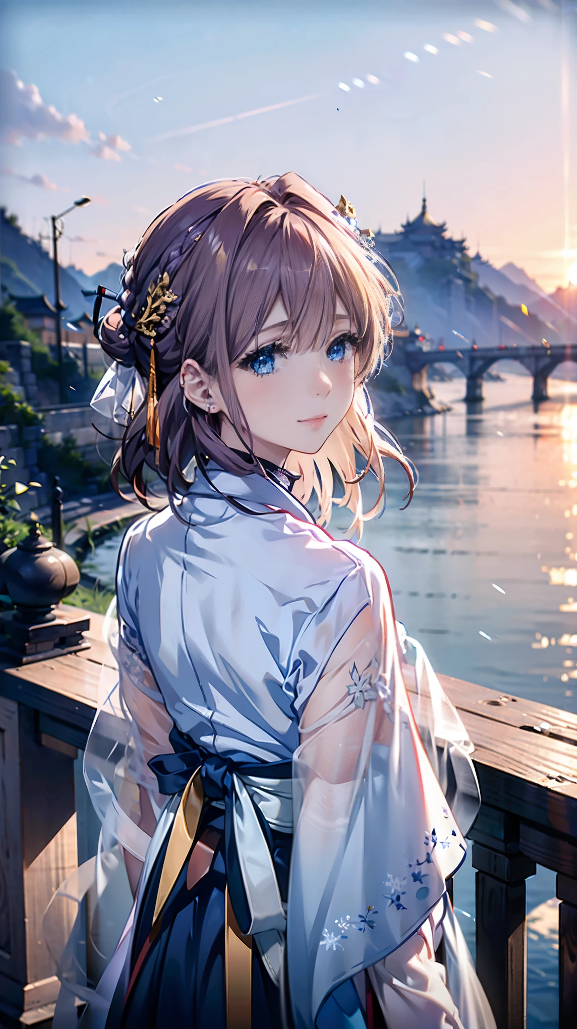 (best quality,4k,8k,high resolution,masterpiece:1.2),Super detailed,(actual,photoactual,photo-actual:1.37),Violet,"(Wearing cobalt blue traditional Chinese Hanfu)","(Snowflake decorated hanfu)","(There is a gold hairpin stuck in the back of the head)","(With the snowy Yangtze River in winter as the background)","(with long golden hair)","(blue eyes)","(with a gentle smile)",