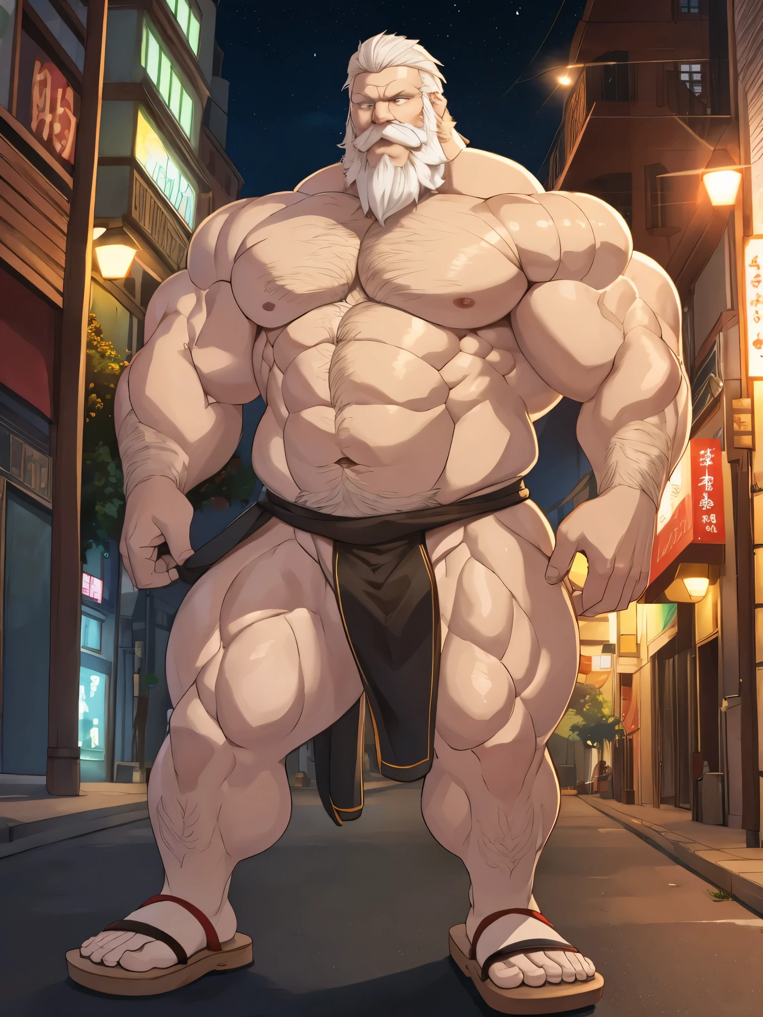 Solo, male focus, 1boy. Huge muscular old man in nigh street city, absurdly muscular, absurdly muscle size, photography, half body, flare lights, bur background, old man, thick arm, huge arm, bearded. White hair and long beard, bearded, muscular, pectoral, wide pectoral, large pectoral, realistic, 8k, masterpiece, (wearing white fundoshi, and shirtless, topless, geta, wooden sandals)