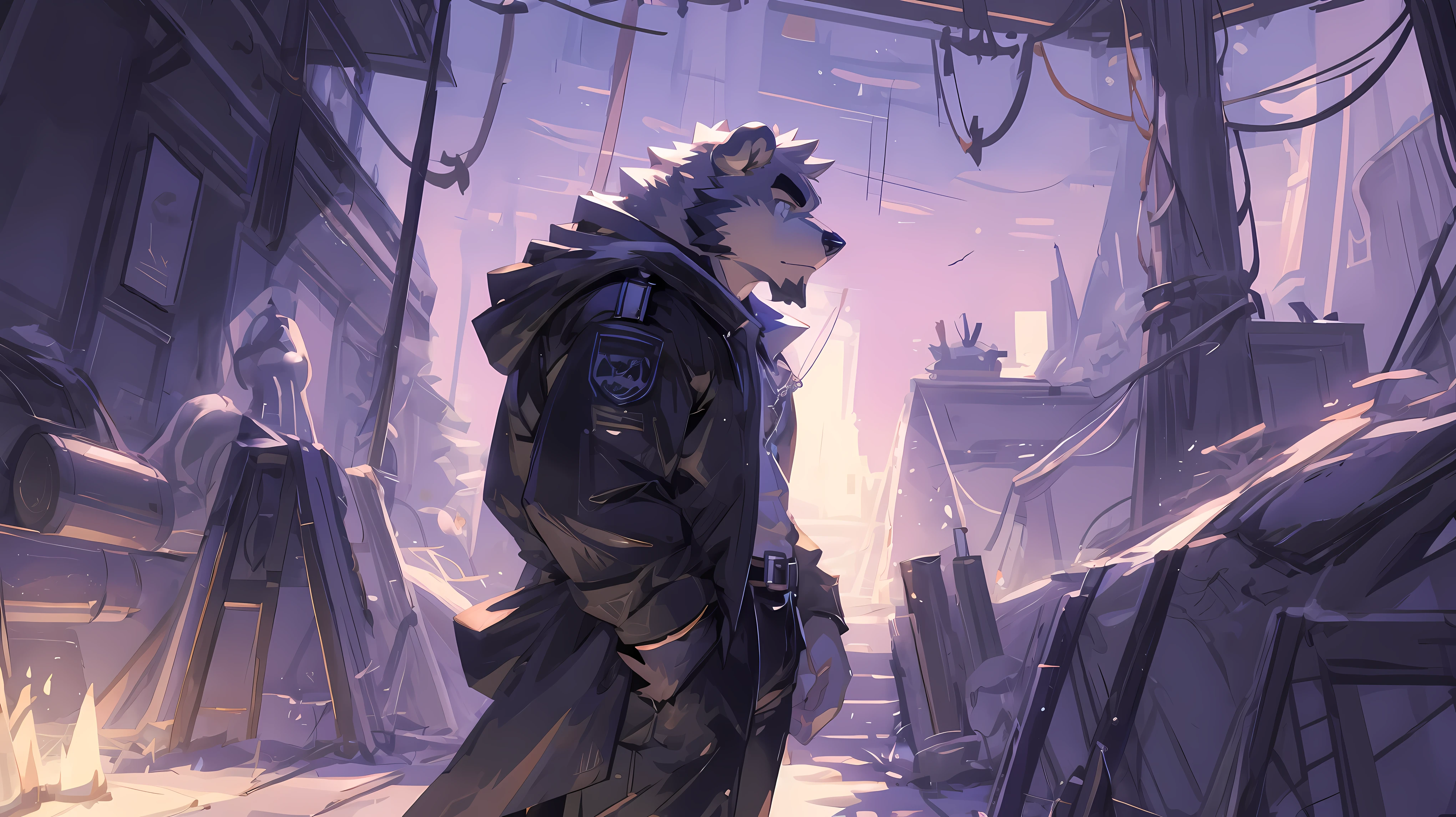 (masterpiece:1.2), best quality,pixiv,official art,(Light线追踪, Light), morning ,(1_male:1.3), (alone:1.2) , portrait , (muscle), (gray fur:1.4), (muscle bear), (bear tail), (beard:1.2), thick eyebrows, cyberpunk, neon Light, black vest, open hoodie, cargo shorts , Salar de Uyuni ,reflection, looking at the audience, whole body