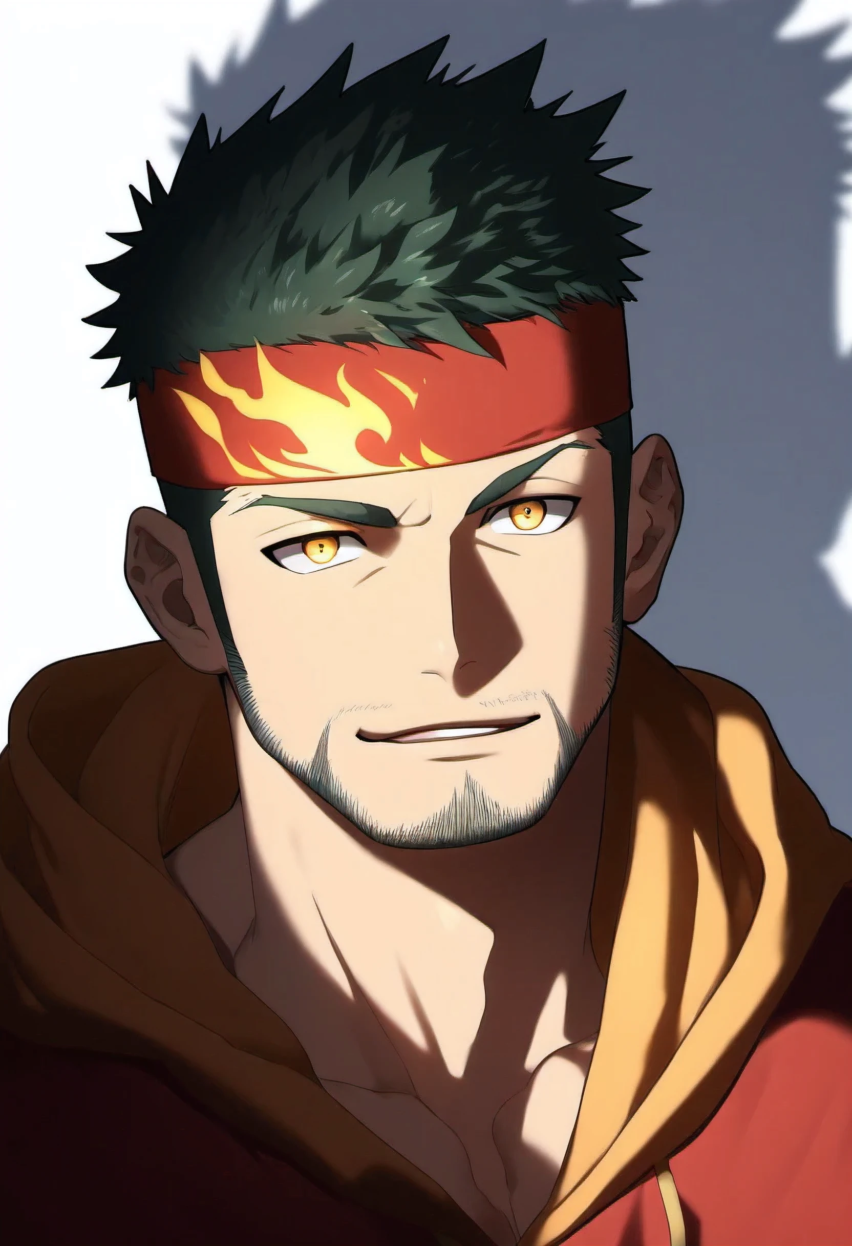 anime characters:Guy, Priapus, 1 muscular man god, Flame tattoo, Sport red headband, Sports hooded sweatshirt, muscular male, muscular, only, Upper body, alone, short black hair, thick eyebrows, stubble, yellow eyes, White background, simple background, amazing quality, best aesthetics, Ridiculous, bright pupils, short hair, naughty face, torogao, open lips, divine light, chiaroscuro, shadow, best quality