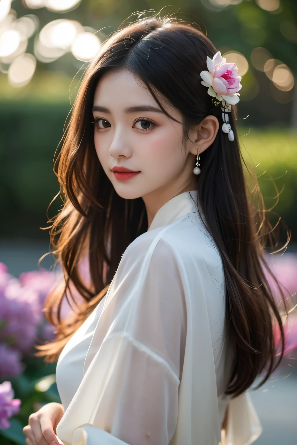 Excellent quality, masterpiece, High Resolutiexist, 1 girl, blush, (seductive smile: 0.8), Star pupils, Chinese Hanfu Lilac, hair accessories, necklace, jewelry, beauty, exist_Body, Tyndall effect, realism, Lotus Pexistd, light edge, Two-texiste Lighting, (High detail skin: 1.2), 8k UHD, SLR camera, soft light, high quality, Volumetric lighting, photo, High Resolutiexist, 4k, 8k, background bokeh