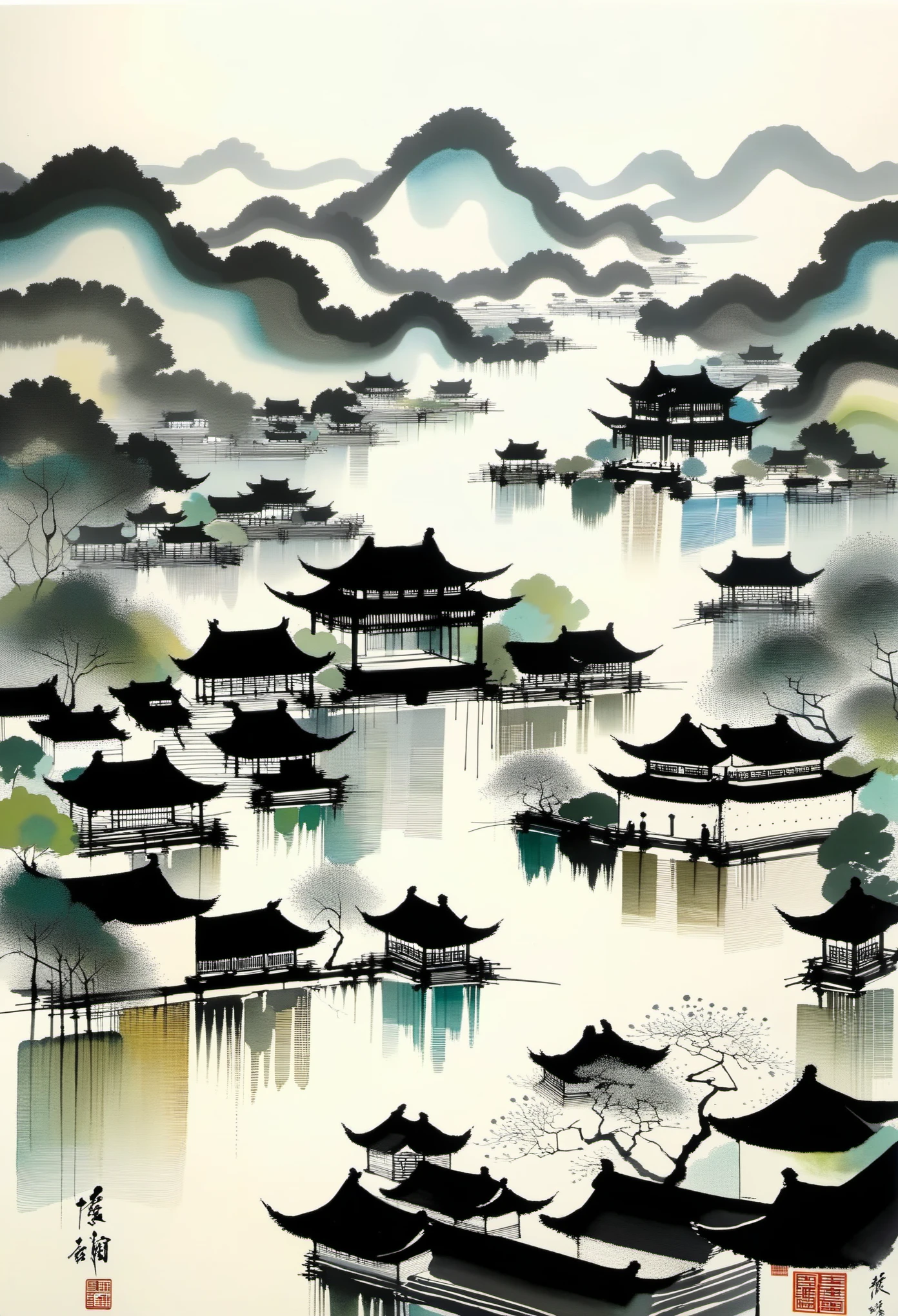 Geometric abstract ink，Describe the Jiangnan landscape architectural complex，Wu Guanzhong's style is an artistic expression that merges traditional Chinese ink techniques with Western painting concepts. It is characterized by modern interpretations of traditional themes, creating unique visual effects through color and line.