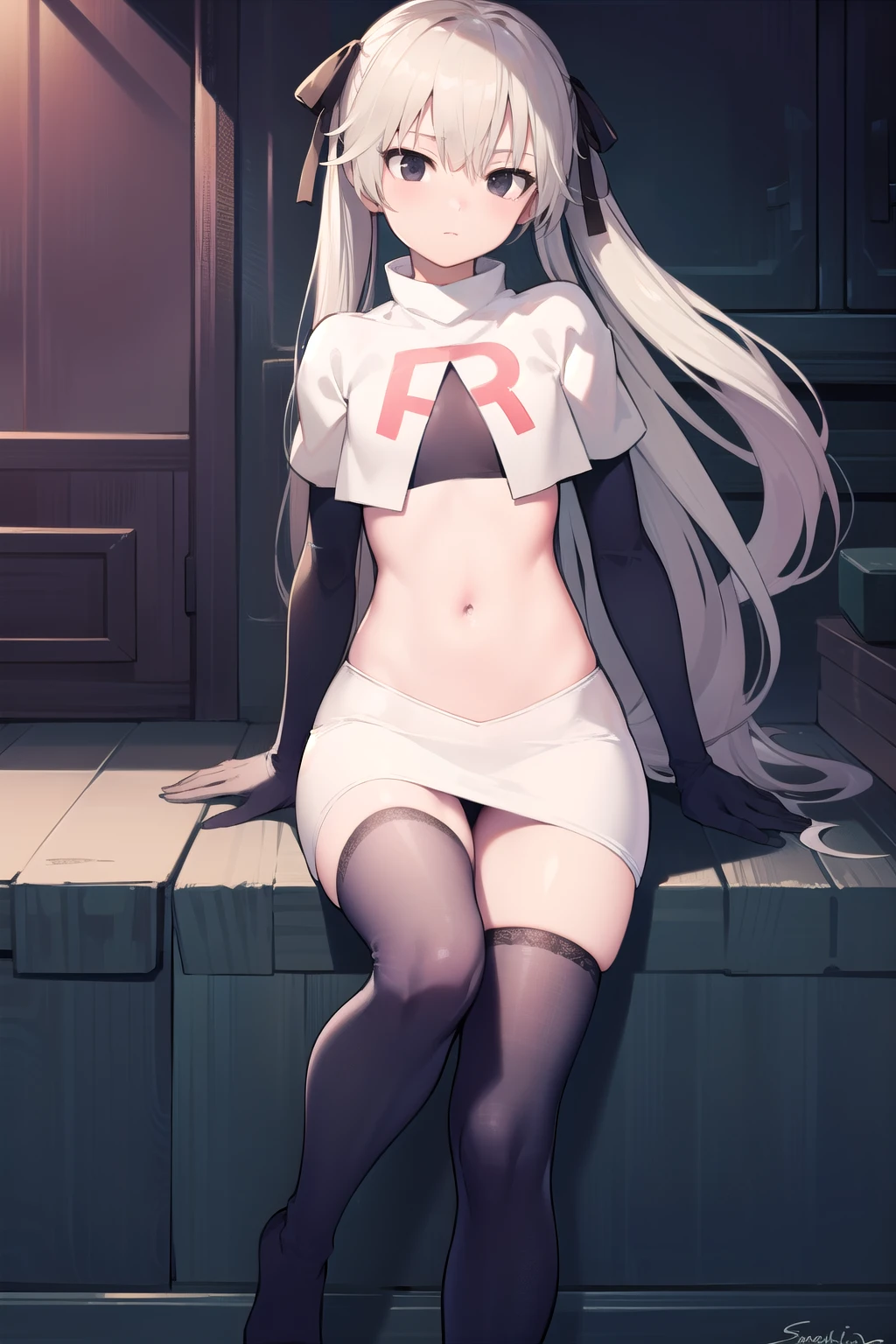 sorakasugano, sora kasugano, ahoge, (black eyes:1.5), hair between eyes, hair ribbon, long hair, twintails, black ribbon, white hair, (flat chest:1.2),
BREAK team rocket,team rocket uniform,white skirt,red letter R,crop top,black thigh-highs,black elbow gloves
BREAK looking at viewer,
BREAK (masterpiece:1.2), best quality, high resolution, unity 8k wallpaper, (illustration:0.8), (beautiful detailed eyes:1.6), extremely detailed face, perfect lighting, extremely detailed CG, (perfect hands, perfect anatomy),
