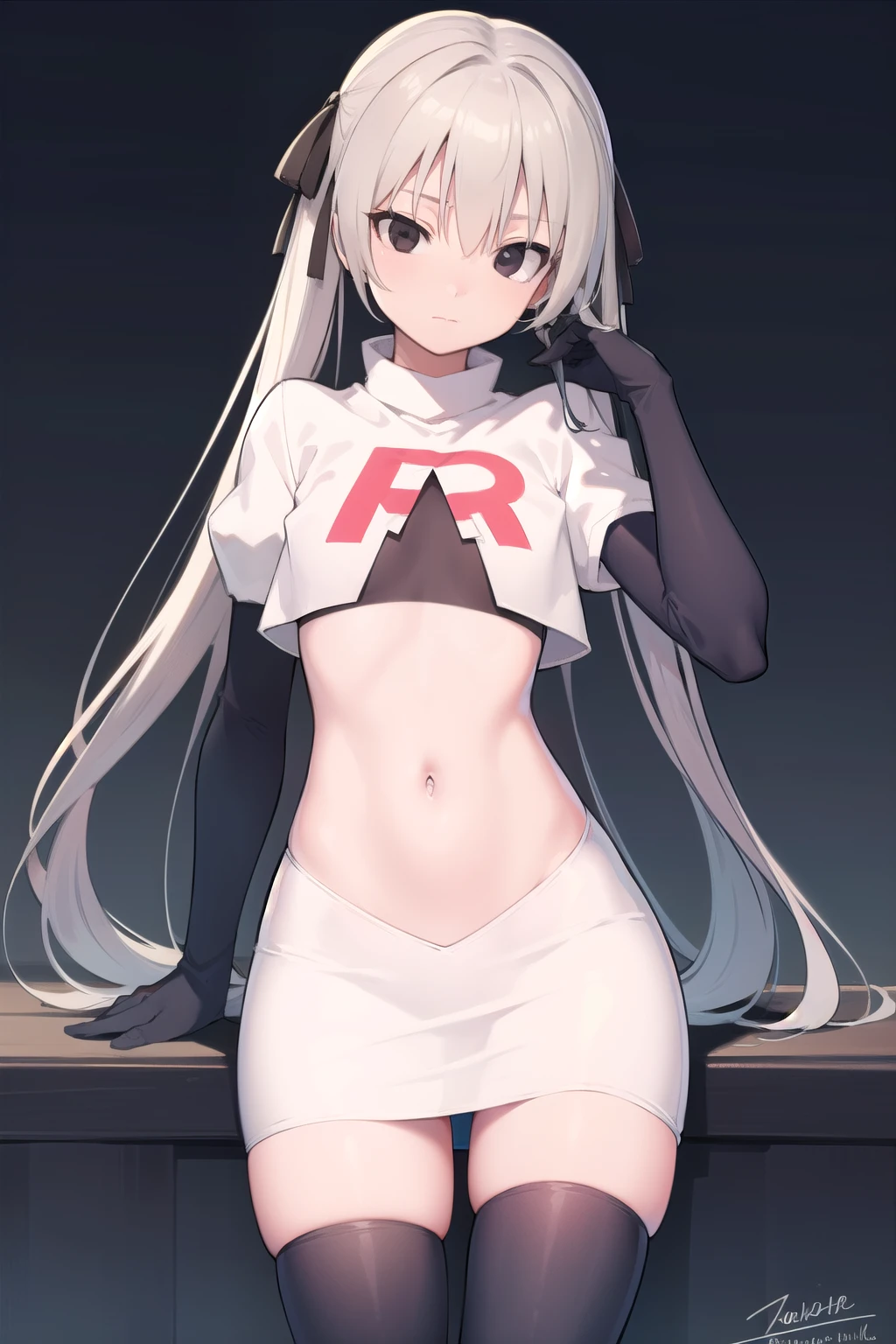 sorakasugano, sora kasugano, ahoge, (black eyes:1.5), hair between eyes, hair ribbon, long hair, twintails, black ribbon, white hair, (flat chest:1.2),
BREAK team rocket,team rocket uniform,white skirt,red letter R,crop top,black thigh-highs,black elbow gloves
BREAK looking at viewer,
BREAK (masterpiece:1.2), best quality, high resolution, unity 8k wallpaper, (illustration:0.8), (beautiful detailed eyes:1.6), extremely detailed face, perfect lighting, extremely detailed CG, (perfect hands, perfect anatomy),