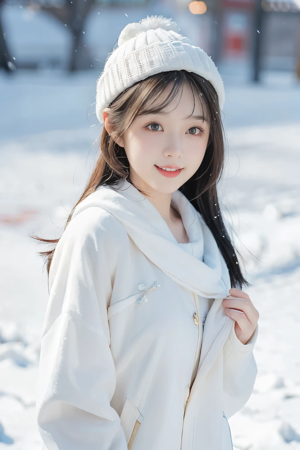 Wearing a white down jacket, fair skinned, 1 girl,close your mouth and smile,Winters,23 year old girl,high quality,looking at camera,facing the audience,Snowing day,With bib,real person,Beautiful and delicate girl, Very detailed eyes and face,fine details,Unite,8k wallpaper,real person,hat