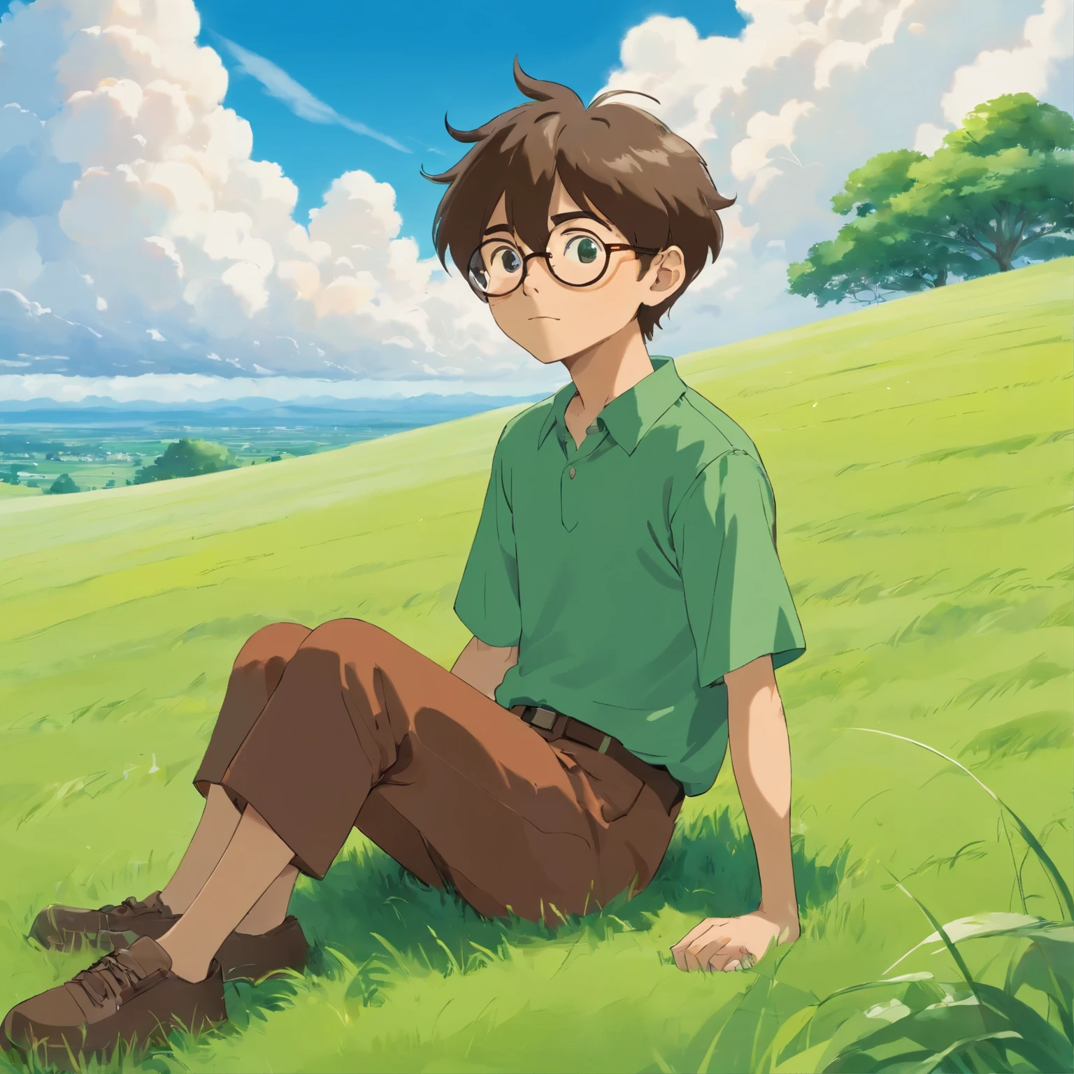 A boy with a two-block haircut wearing glasses, sitting on a wide expanse of grass with a cool breeze and bright clouds, wearing a green shirt and oversized brown trousers. 