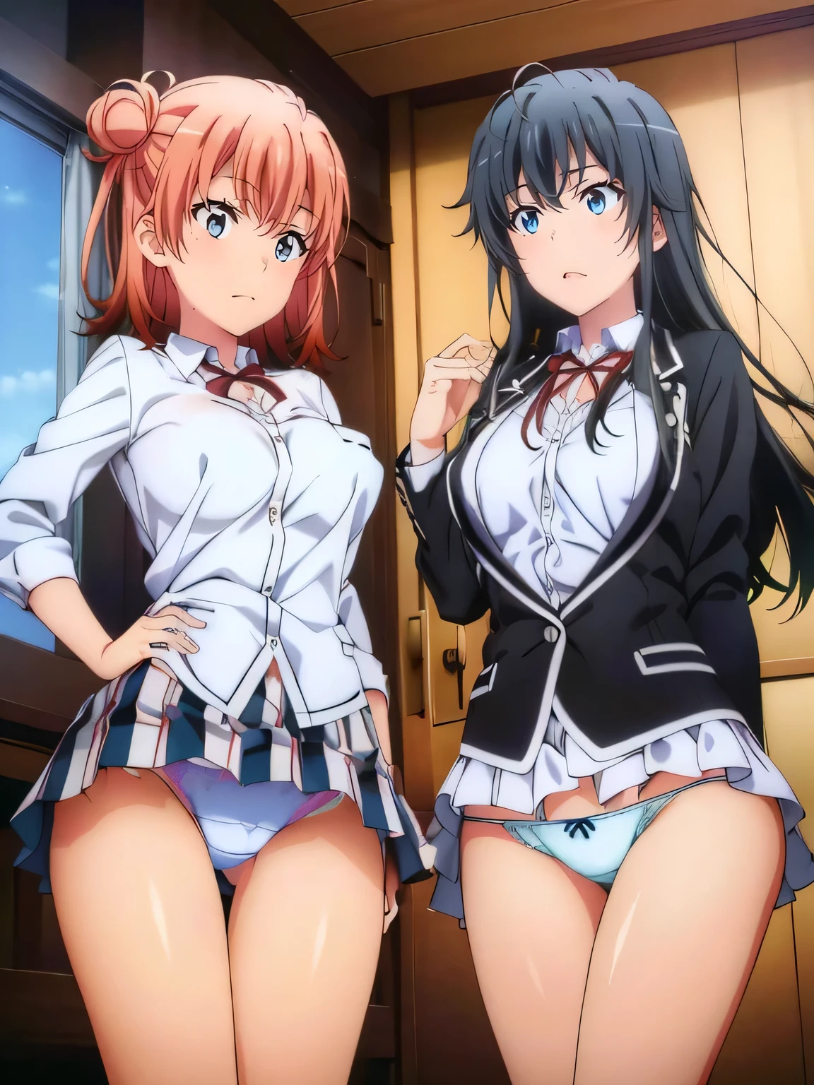 (2 girls) ,(Yukinoshita Yukino white lace panties).(由比ヶ浜結衣 ピンクレースpanties), classroom, ,shirt,panties,(Yuigahama Yui has big breasts),(Yuigahama Yui opens her mouth),(no skirt),((光沢のあるpanties)),thighs,calf,whole body,smile,from the front,anime 4k