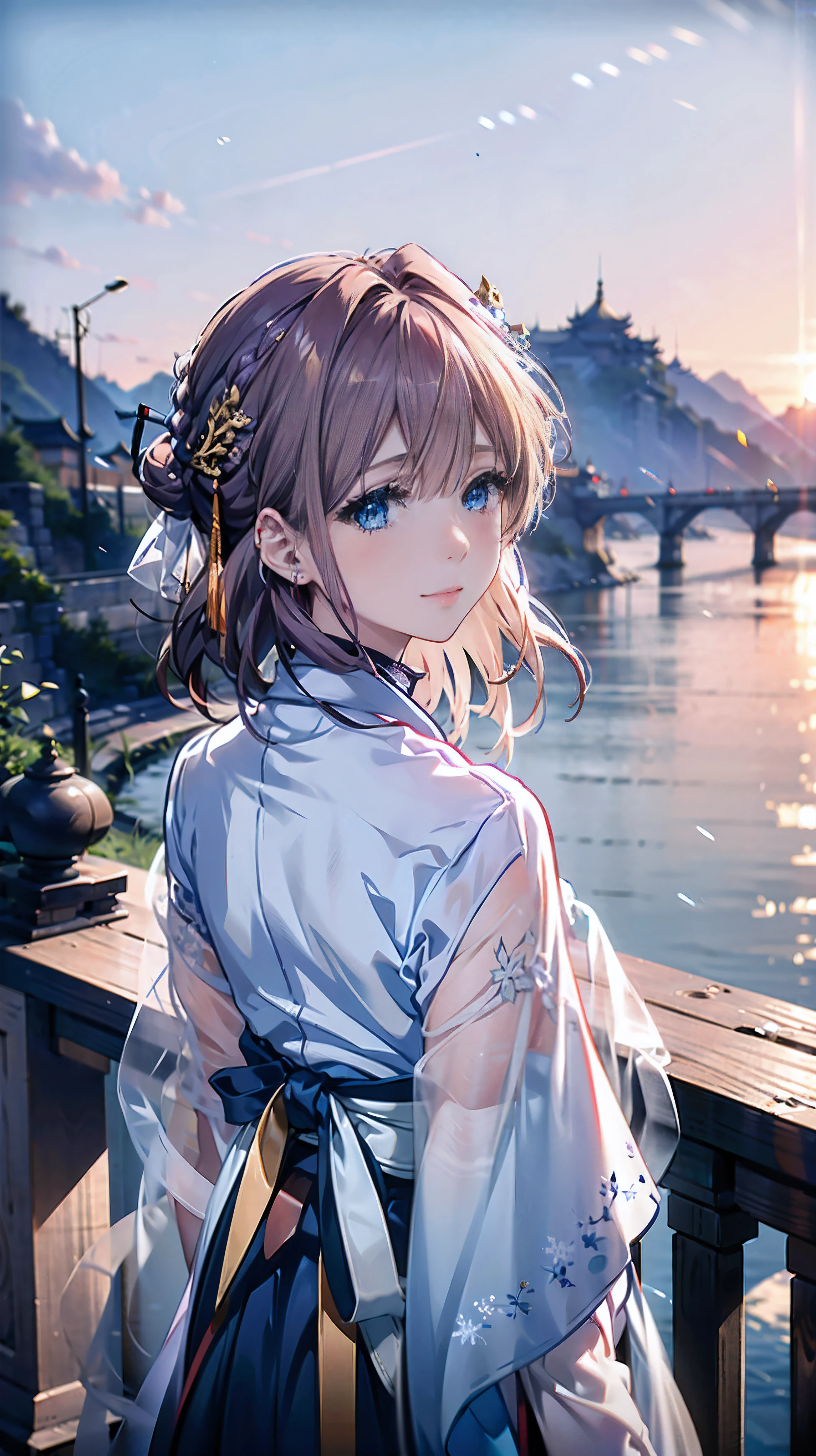 (best quality,4k,8k,high resolution,masterpiece:1.2),super detailed,(actual,photoactual,photo-actual:1.37),Purple,"(Wearing cobalt blue traditional Chinese Hanfu)","(Snowflake decorated hanfu)","(There is a gold hairpin stuck on the back of the head)","(With the snow-capped Yangtze River in winter as the background)","(Has long blonde hair)","(blue eyes)","(with a gentle smile)"，