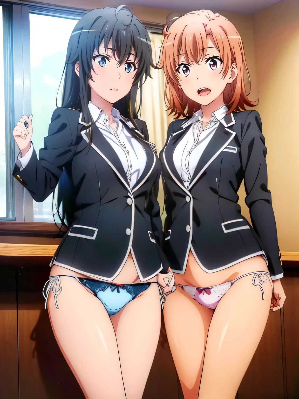 (2 girls) ,(Yukinoshita Yukino white lace panties).(由比ヶ浜結衣 ピンクレースpanties), classroom, ,shirt,panties,(Yuigahama Yui has big breasts),(Yuigahama Yui opens her mouth),(no skirt),((光沢のあるpanties)),thighs,calf,whole body,smile,from the front,anime 4k