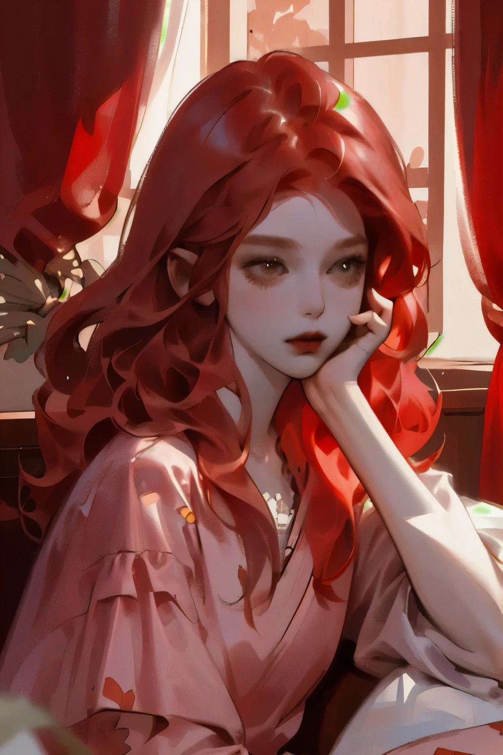 There is a woman sitting on a bed wearing a pink floral pajamas, red-haired girl, beautiful red-haired woman, red-haired woman, young red-haired girl, short bright red hair, red hair and attractive features, Anna Nikonova aka Newmilky, red-haired girl, redhead, beautiful woman, posing in bed, red head, with short red hair, posing in a room
