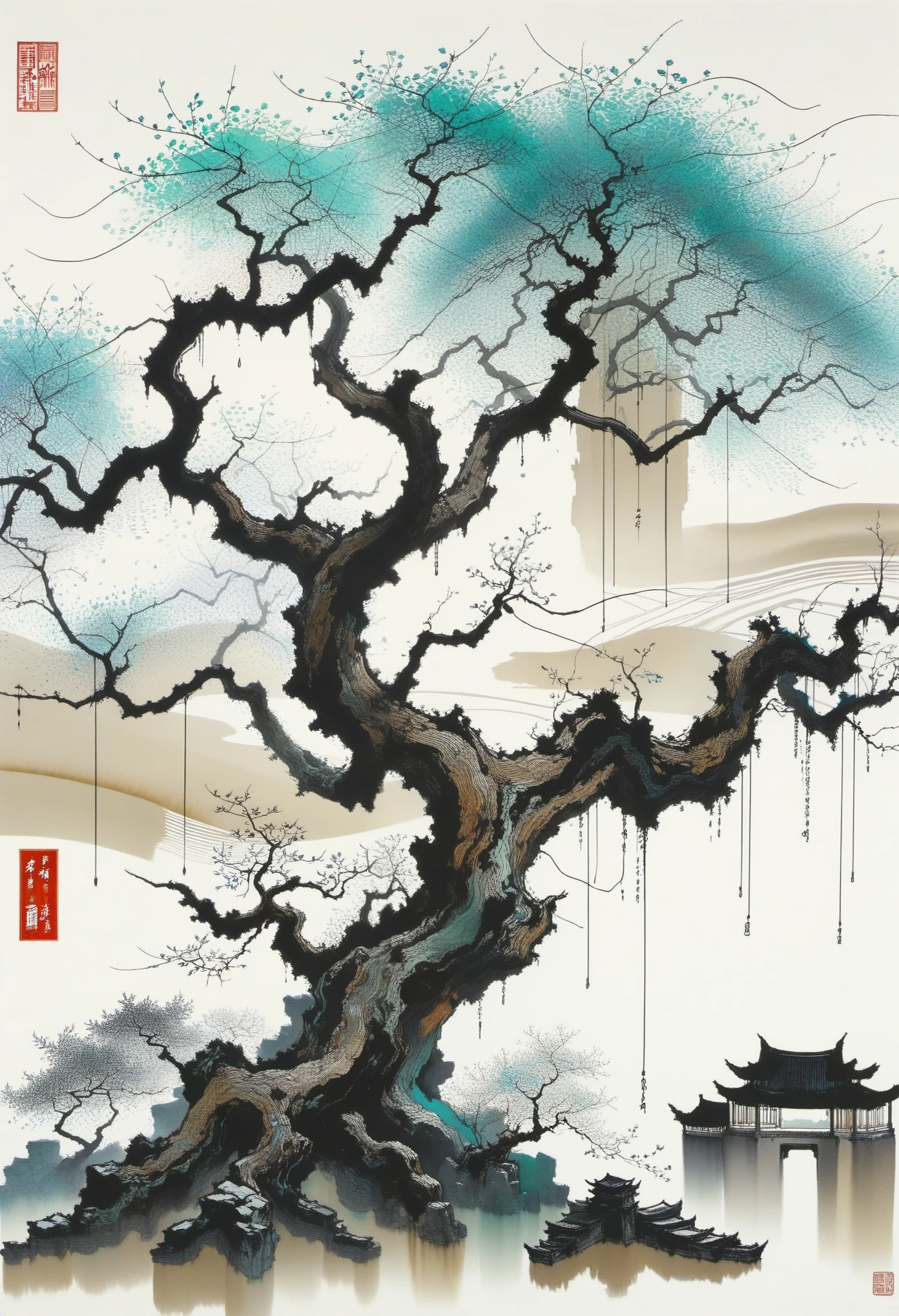 Dead vines，old tree，Xiaoqiao，running water，Geometric abstract ink，Describe the Jiangnan landscape architectural complex，Wu Guanzhong's style is an artistic expression that merges traditional Chinese ink techniques with Western painting concepts. It is characterized by modern interpretations of traditional themes, creating unique visual effects through color and line.