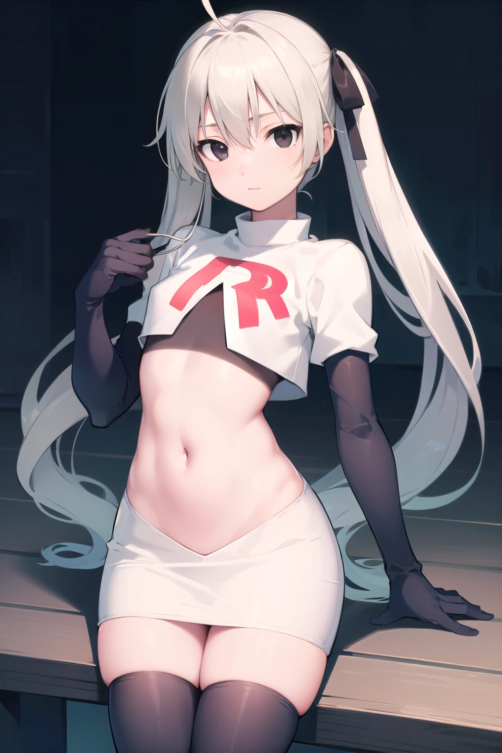 sorakasugano, sora kasugano, ahoge, (black eyes:1.5), hair between eyes, hair ribbon, long hair, twintails, black ribbon, white hair, (flat chest:1.2),
BREAK team rocket,team rocket uniform,white skirt,red letter R,crop top,black thigh-highs,black elbow gloves
BREAK looking at viewer,
BREAK (masterpiece:1.2), best quality, high resolution, unity 8k wallpaper, (illustration:0.8), (beautiful detailed eyes:1.6), extremely detailed face, perfect lighting, extremely detailed CG, (perfect hands, perfect ???????),